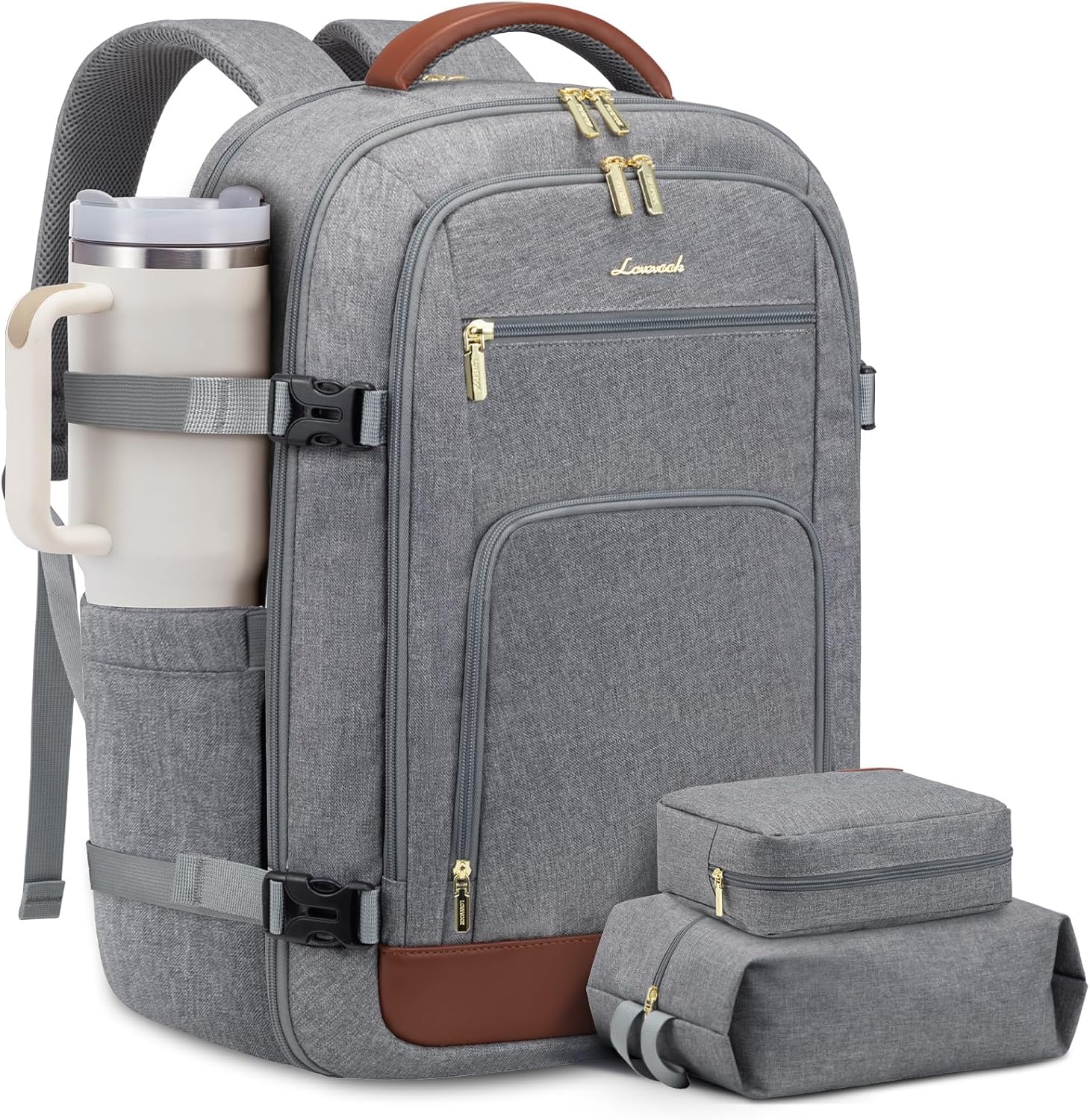 LOVEVOOK Travel Backpack For Women, 40L Carry On Backpack Flight Approved, TSA Personal Item Travel Bag Fits 17 Inch Laptop, Business Weekender Overnight Waterproof Daypack With 2 Cubes, Grey-Pink