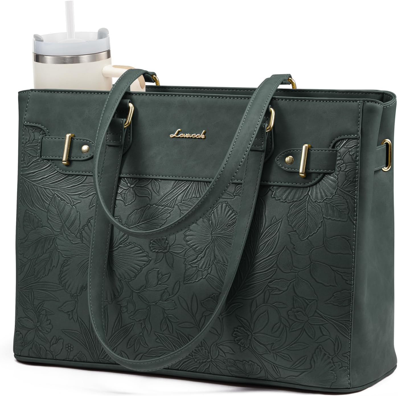 LOVEVOOK Laptop Tote Bag for Women Work, Teacher Tote Bag with Large Cup Holder, 15.6 Inch Waterproof Leather Computer Bag
