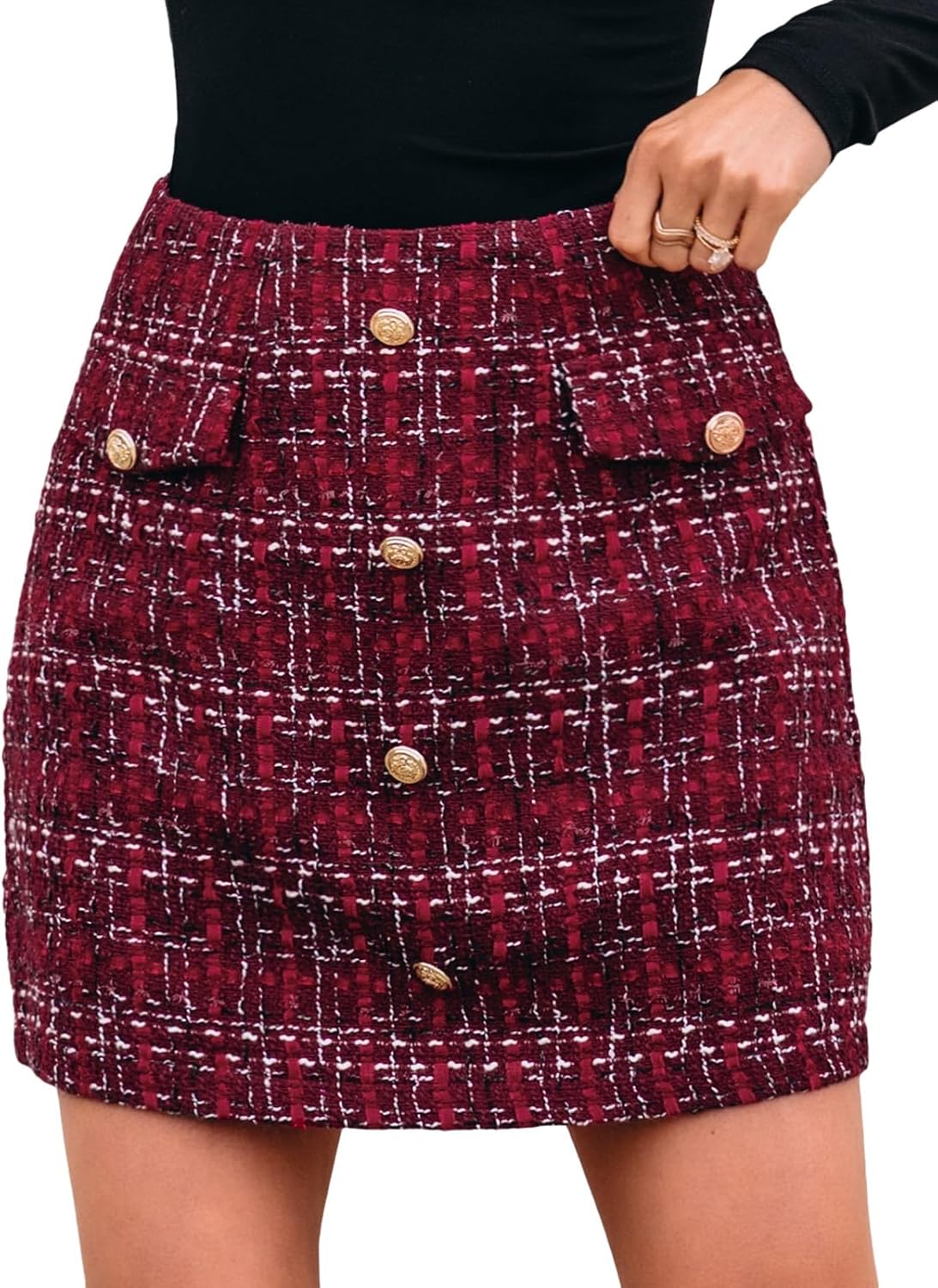CUPSHE Women Mini Plaid Skirts Tweed High Waist Bodycon Pencil Hem Fall Winter Dressy Outfits Shorts