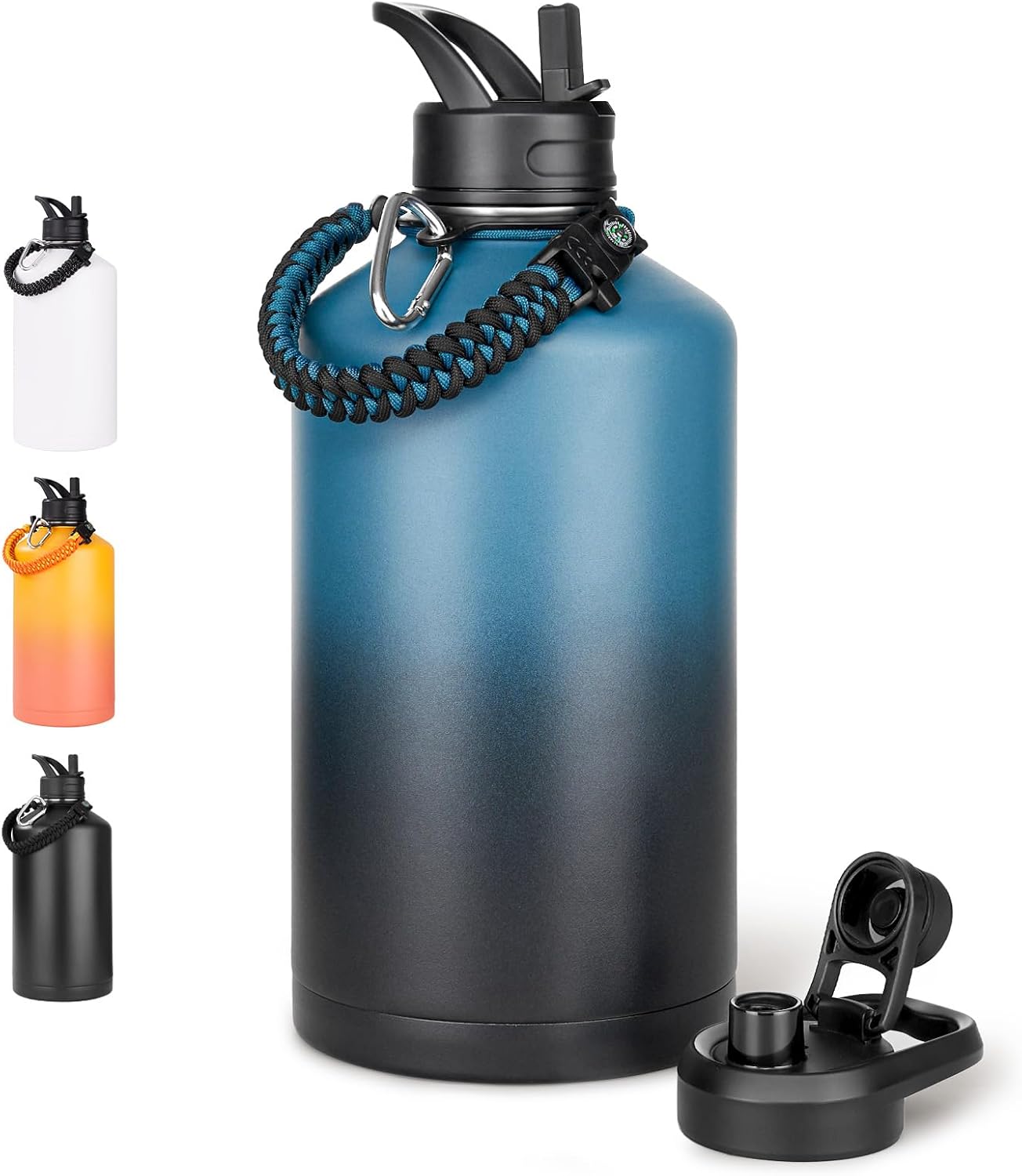 24 oz Insulated Water Bottle with Handle, 304 Stainless Steel Water Bottles with Wide Mouth, Double Wall Vacuum Sports Water Bottle, BPA Free, Keep Cold and Hot, Blue&Black