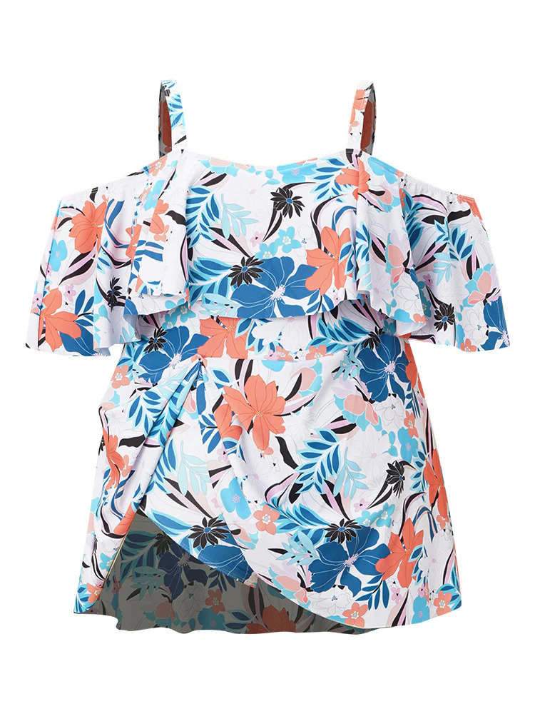 Tropical Adjustable Straps Cold Shoulder Ruffles Trim Swim Dress