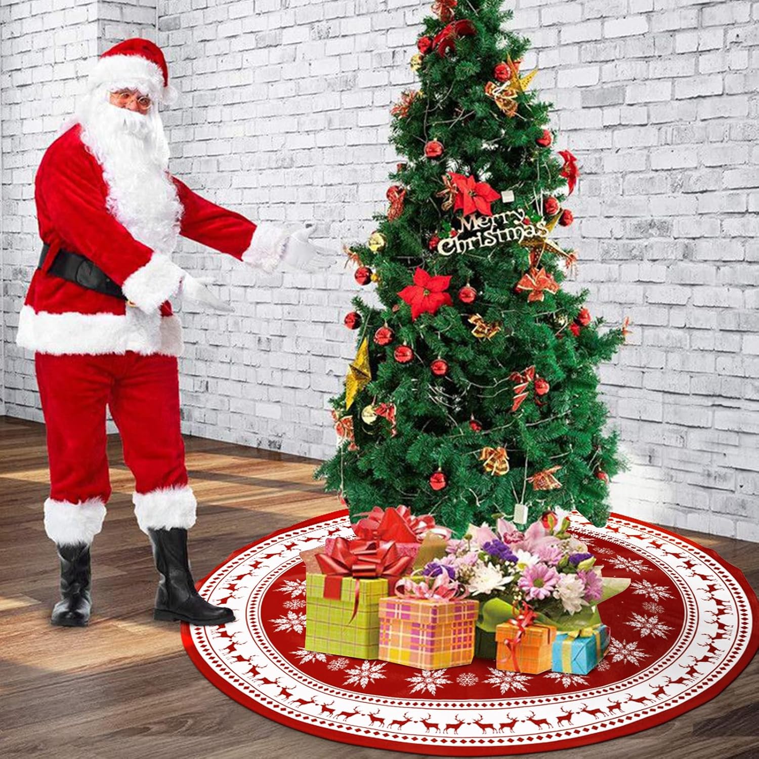 Christmas Tree Skirt 48 inch Large Tree Skirt Snowflake Reindeer Red Xmas Tree Skirt Rustic Christmas Tree Mat Decorations for Winter New Year Holiday Party Decor Indoor Outdoor (Santa, 48inch)