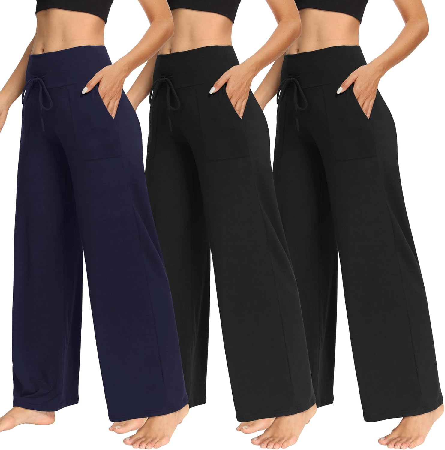 TNNZEET 3 Pack Women's Wide Leg Pants with Pockets - Casual Loose Yoga Trouser Pants Sweatpants Palazzo Lounge Pajama Pants