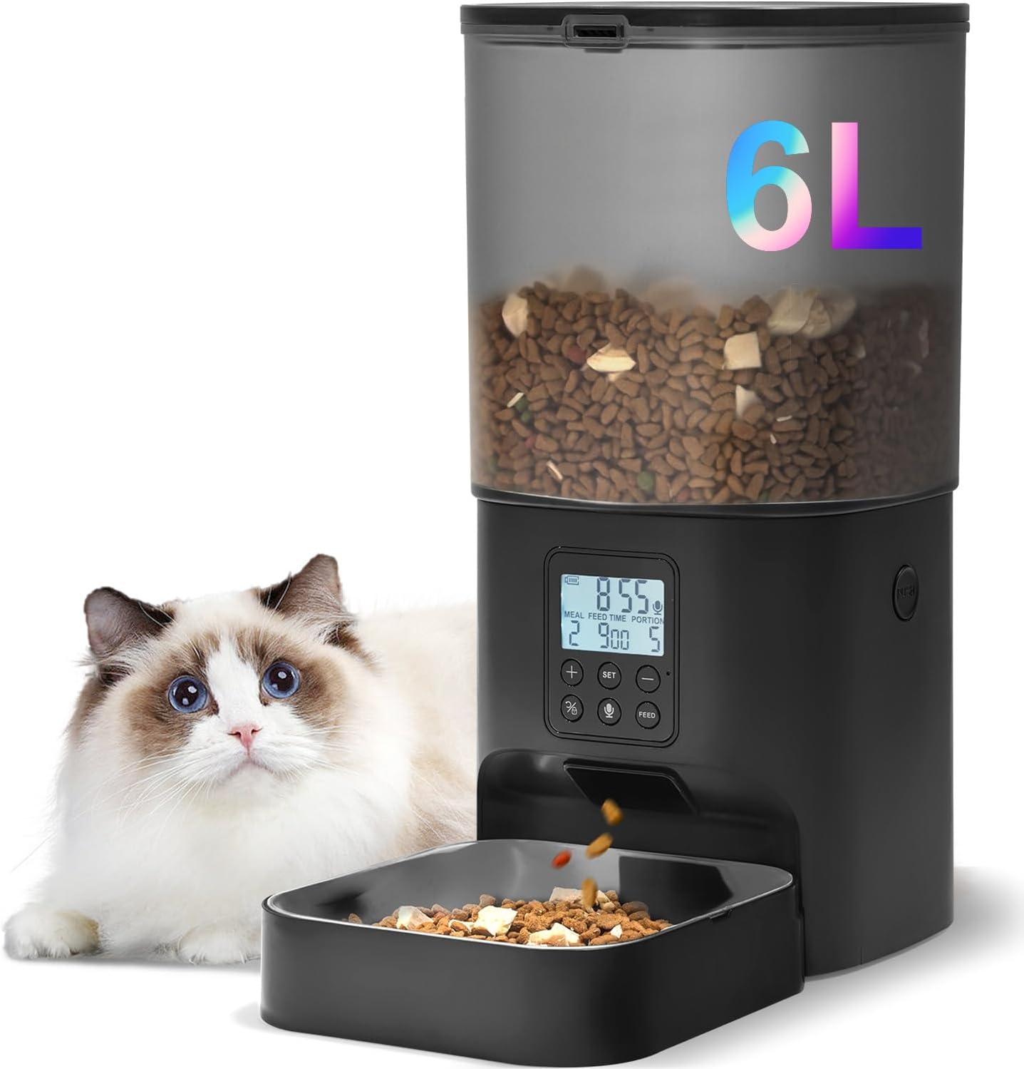 Automatic Cat Feeder, 4L Cat Food Dispenser with 10s Voice Recorder, Pet Feeder up to 8 Meals per Day, Timed Dog Feeder with Dry Food Sealed Ring (White, 4L-Basic)