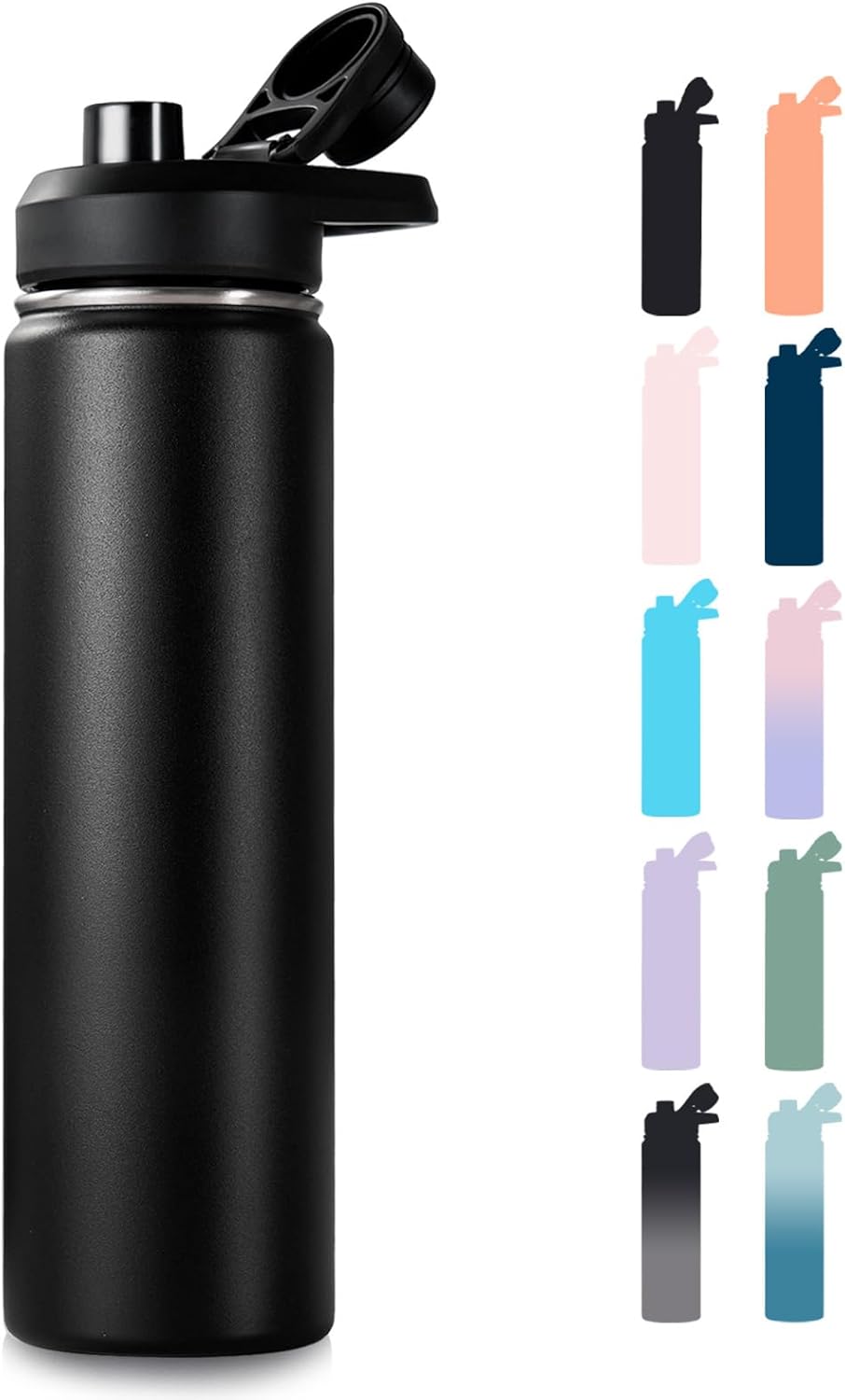 24 oz Insulated Water Bottle with Handle, 304 Stainless Steel Water Bottles with Wide Mouth, Double Wall Vacuum Sports Water Bottle, BPA Free, Keep Cold and Hot, Blue&Black