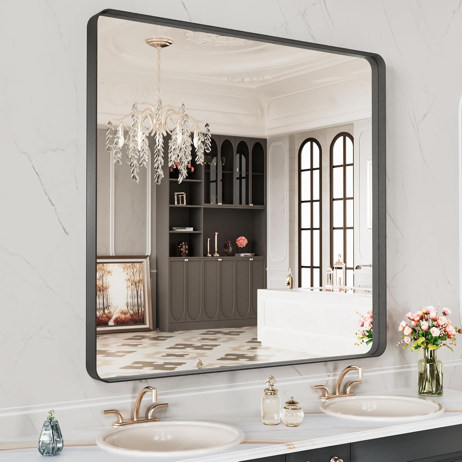 LOAAO 40X36 Inch Black Metal Framed Bathroom Mirror for Wall, Matte Black Bathroom Vanity Mirror Farmhouse, Anti-Rust, Tempered Glass, Hangs Horizontally or Vertically