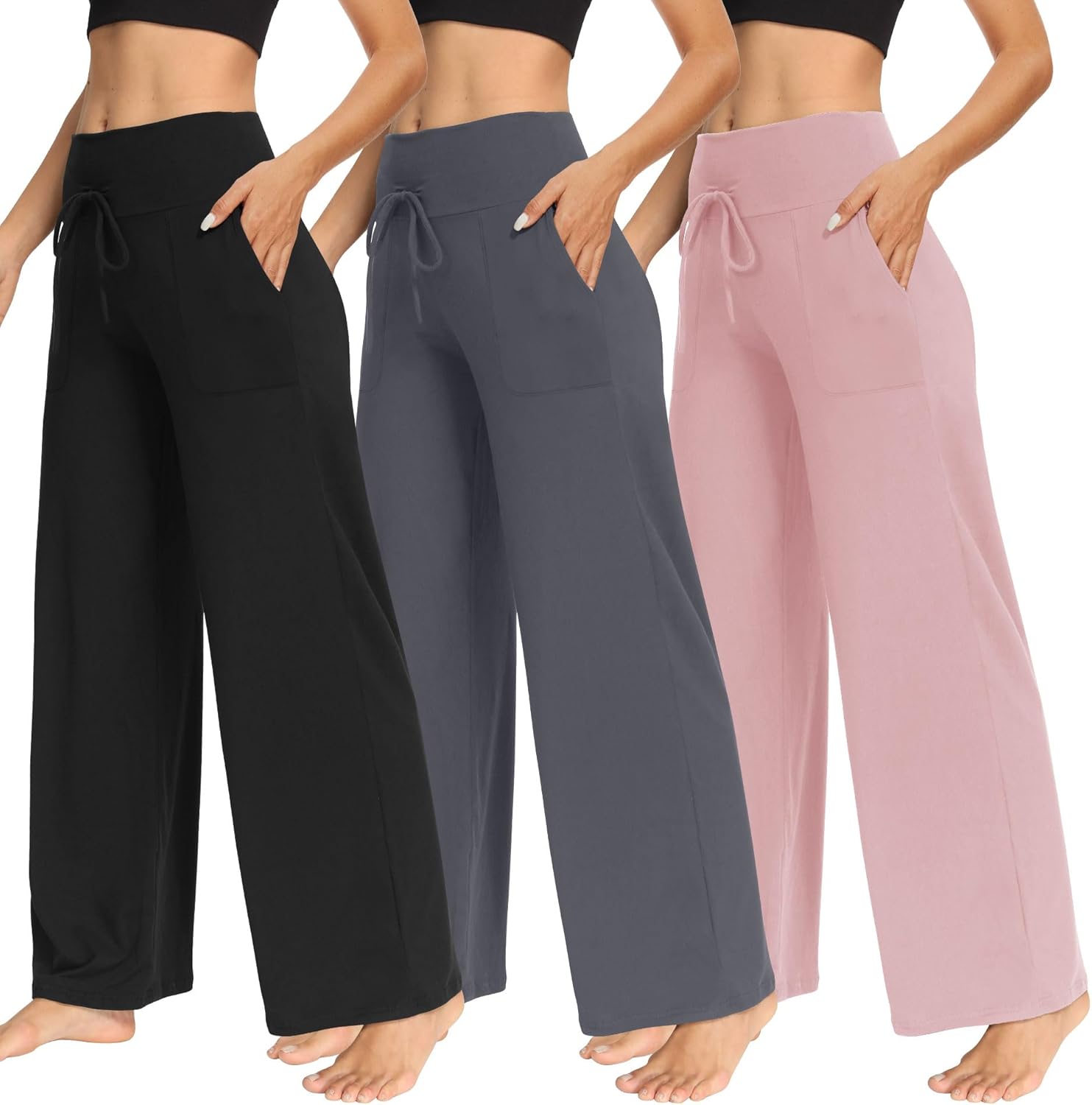 TNNZEET 3 Pack Women's Wide Leg Pants with Pockets - Casual Loose Yoga Trouser Pants Sweatpants Palazzo Lounge Pajama Pants