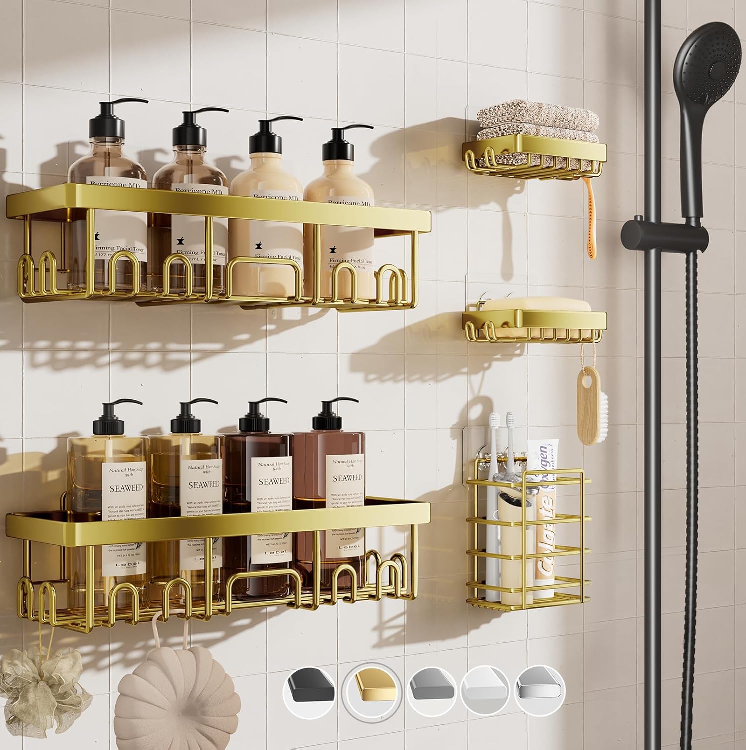 Veken Shower Caddy 6-Pack, Advanced Rustproof Design, No Drilling Adhesive Shelves, Rack with Soap Holder, Large Capacity Bathroom Organizers and Storage, Wall-Mounted Kitchen & Home Decor