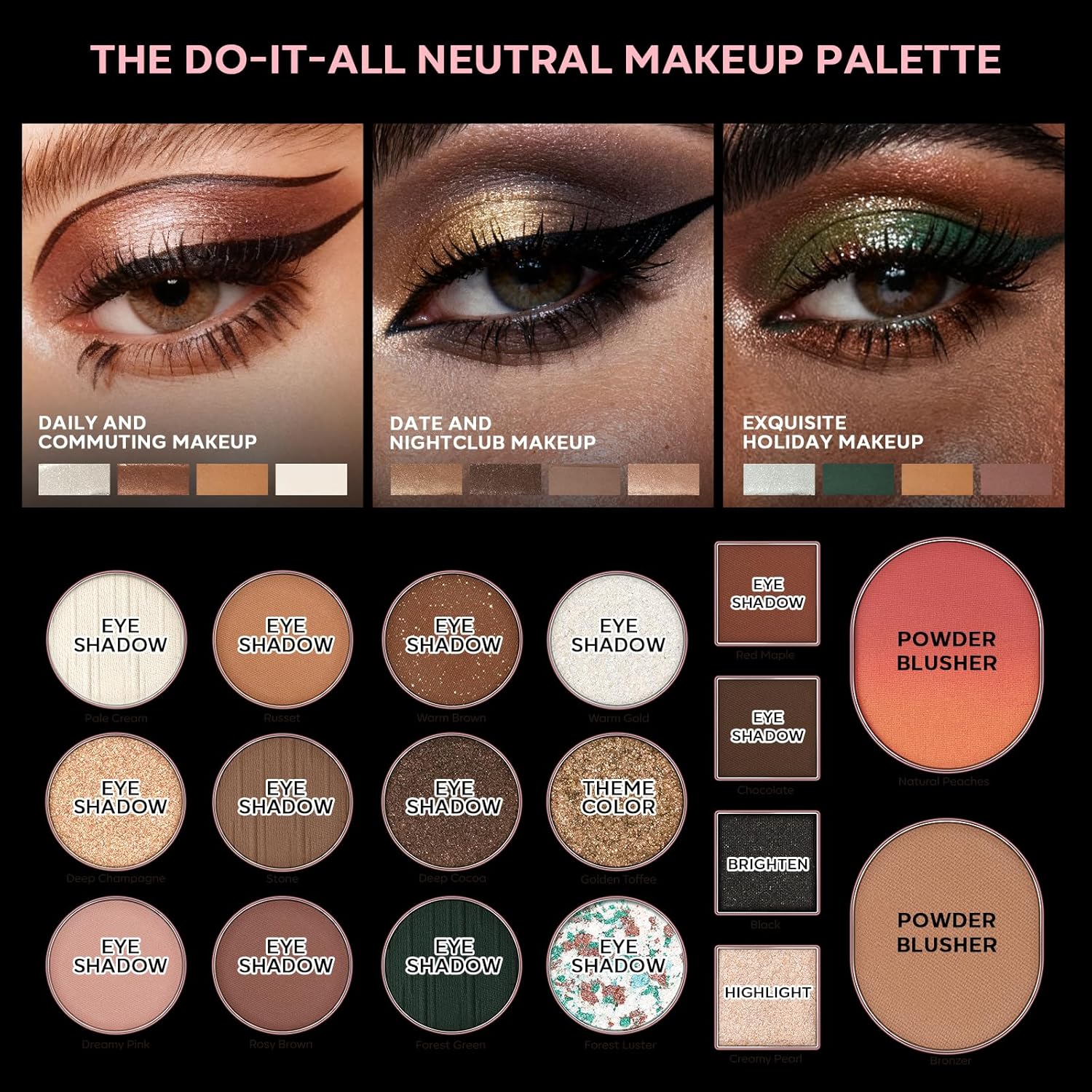 18-Shade Eye Makeup All-in-One Palette, Natural Nude Matte Shimmer Glitter, Long Lasting Baked Makeup Palette for Eye Highlight Blush, Earth Tones