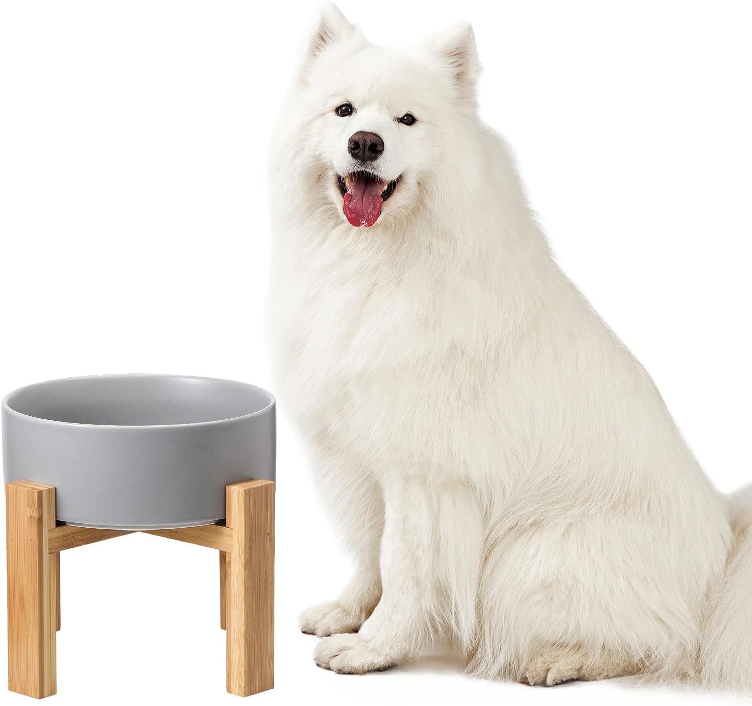 Elevated Ceramic Cat Bowl - Cat Food Bowl with Bamboo Stand - Raised Dog Dish for Puppies - Anti Vomiting, Stress Free - 13.5 oz / 400 ml - White