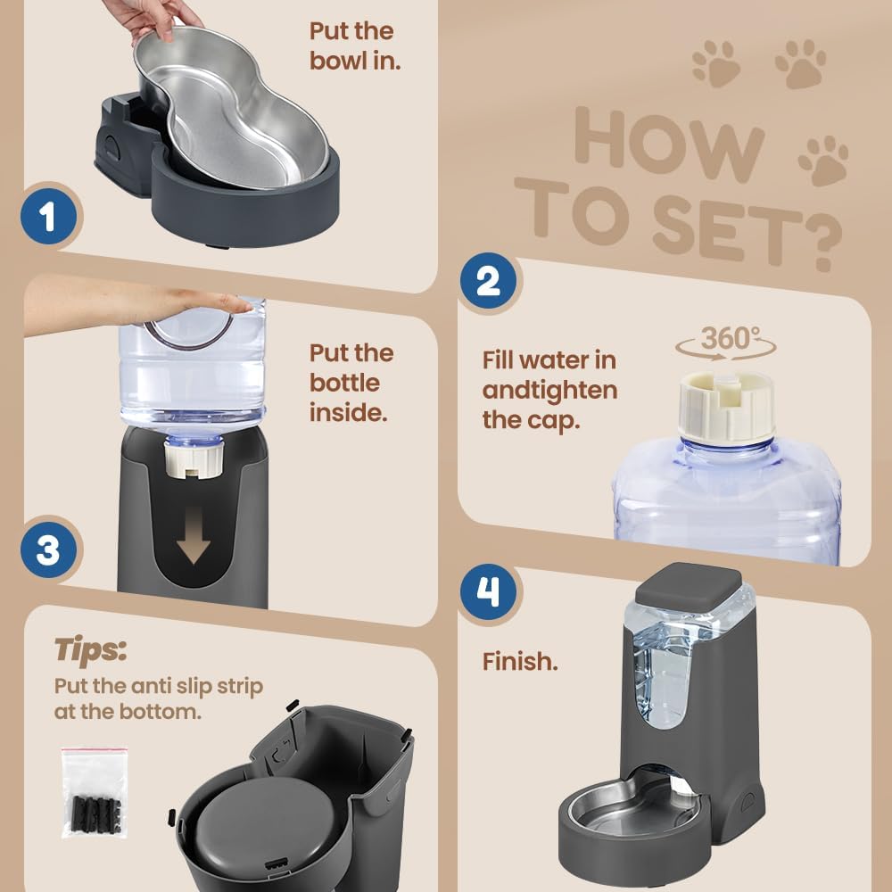 1 Gallon Automatic Cat Feeder Gravity Stainless Steel Water Dispenser Dog Feeder for Small Medium Puppy Kitten Pets Water Feeding Bowls, Gray