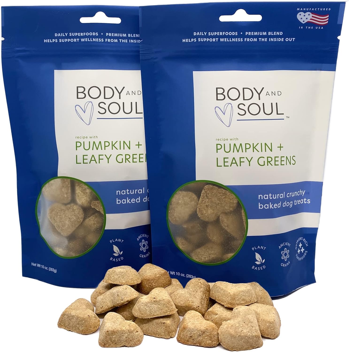 Body and Soul Pumpkin + Leafy Greens Crunchy Dog Treat - Superfood Biscuits Baked with Oats Barley & Quinoa - All-Natural Plant Based Clean Protein, No Additives or Fillers - Made in USA 2 Pack (20oz)