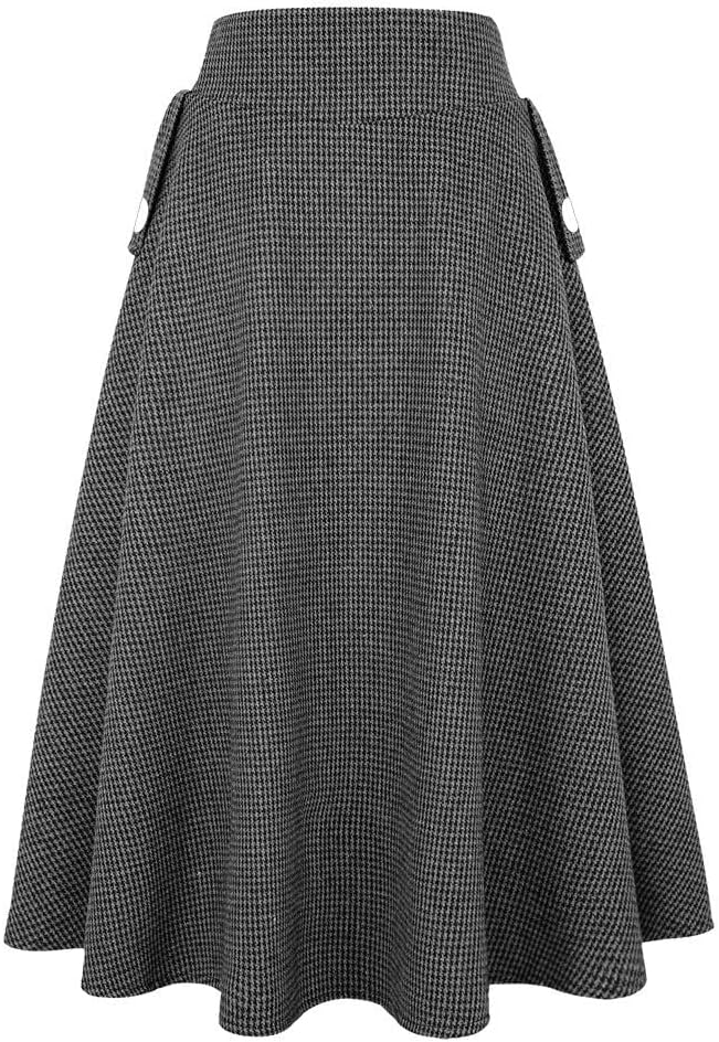 IDEALSANXUN Women’s Fall Winter High Waisted Wool Plaid A-line Long Skirt