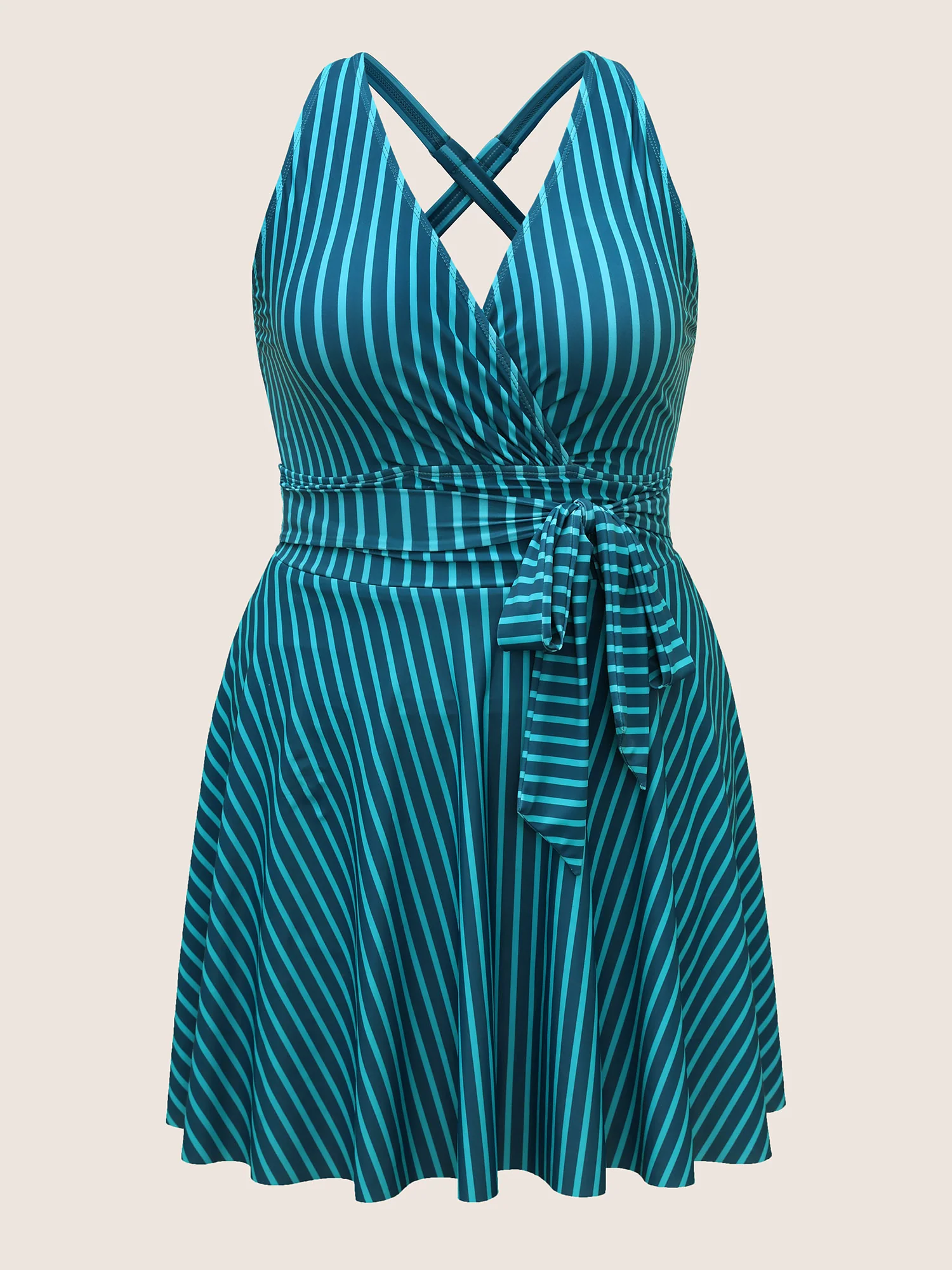 Overlap Collar Striped Tie Knot Swim Dress