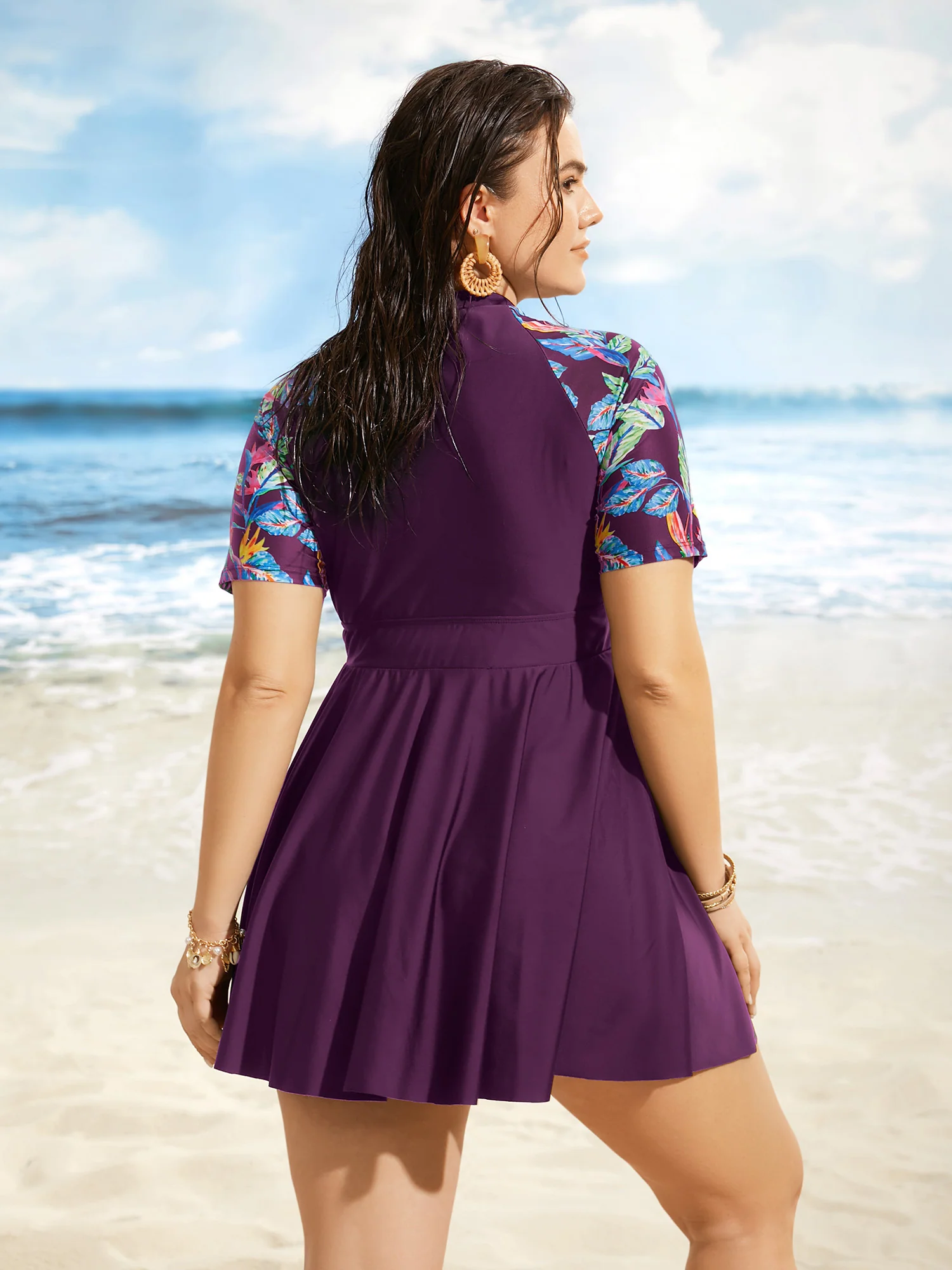 Tropical Print Half Zip Raglan Sleeve Swim Dress