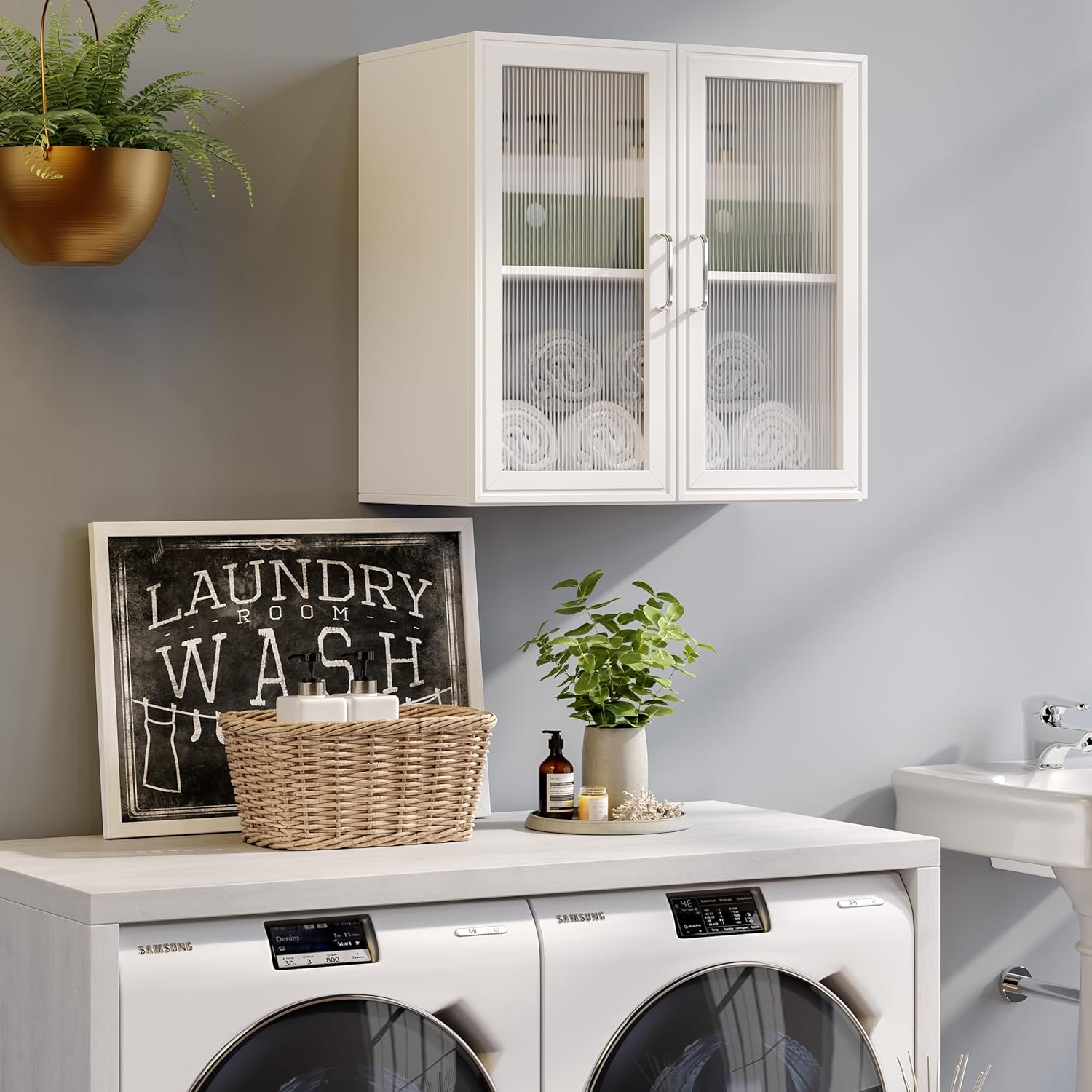 Kitchen Wall Cabinets 4 Doors - Laundry Wall Mounted Storage Cabinets with Acrylic Glass Doors in White, 24