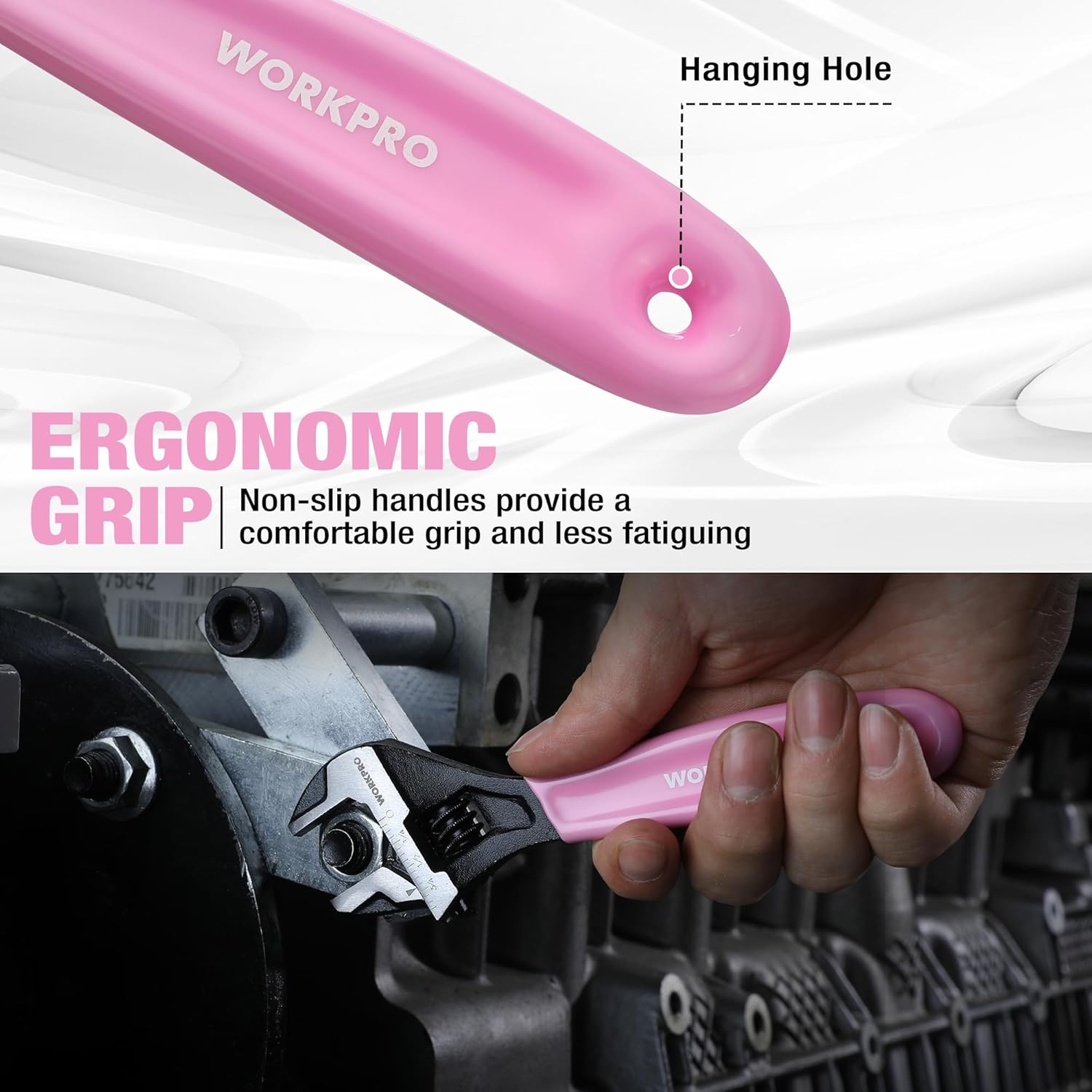 WORKPRO 6-Inch Pink Adjustable Wrench, Cr-V Steel, Wide Jaw Black Oxide Wrench, Metric & SAE Scales, for Home, Garage, Workshop and DIY-Pink Ribbon