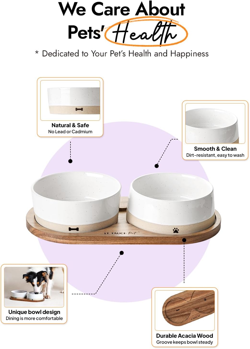 LE TAUCI PET Ceramic Dog Bowls for Medium Small Dogs - 3.2 Cup Medium Dog Food and Water Bowls with Acacia Wood Tray, Dual Food and Water Bowls with Weighted Non-Slip Base