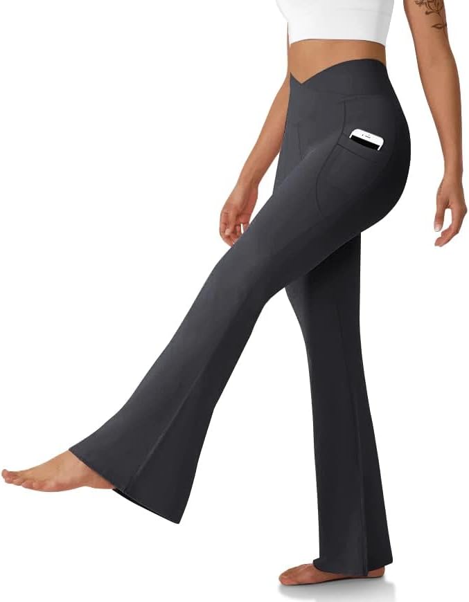 Women's Flare Leggings with Pockets Crossover High Waisted Bootcut Yoga Pants Tummy Control Bell Bottom Leggings