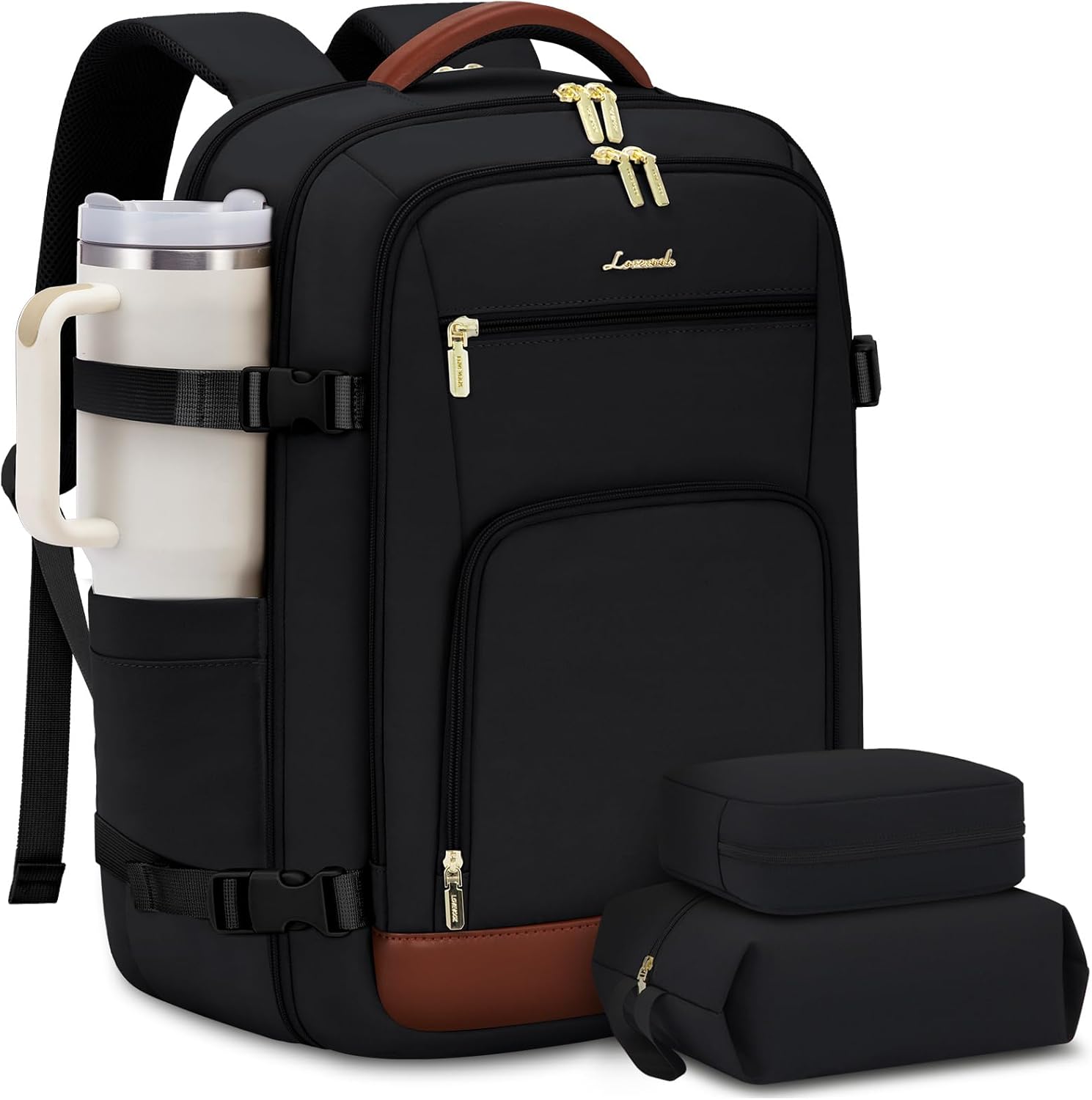 LOVEVOOK Travel Backpack For Women, 40L Carry On Backpack Flight Approved, TSA Personal Item Travel Bag Fits 17 Inch Laptop, Business Weekender Overnight Waterproof Daypack With 2 Cubes, Grey-Pink