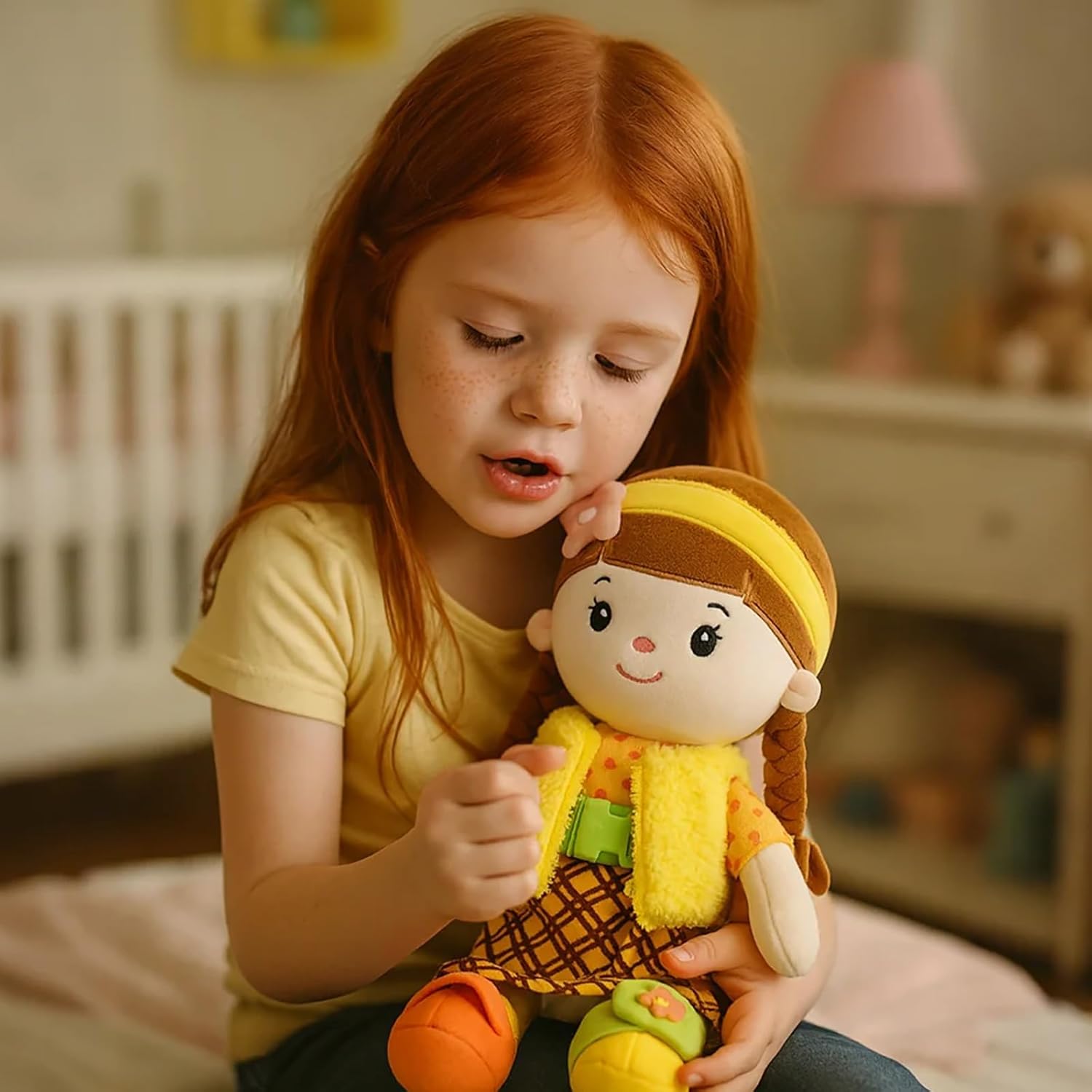 Soft Baby Doll Toys (16'') Educational Plush Doll for Girls Learning Sensory Montessori Toy Birthday Cuddly Plush Toys for Toddler Kids (Yellow)