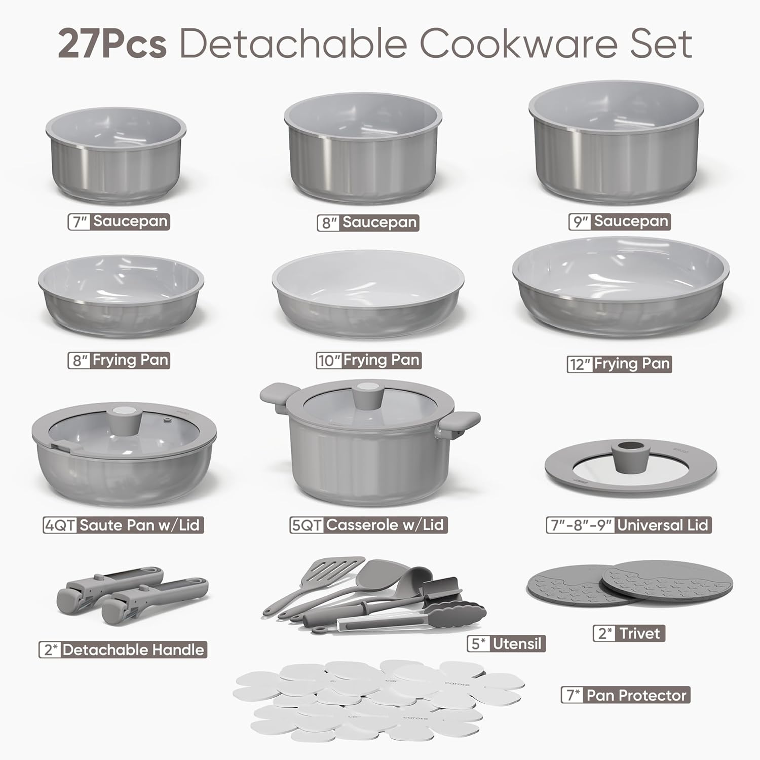 CAROTE 27pcs Ceramic Cookware Set Nonstick, Pots and Pans Set Non Stick, Non Toxic Cookware Detachable Handles, Dishwasher/Oven Safe, RV/Camping Cookware, Pan and Pot with Kitchen Utensils, Dark Gray