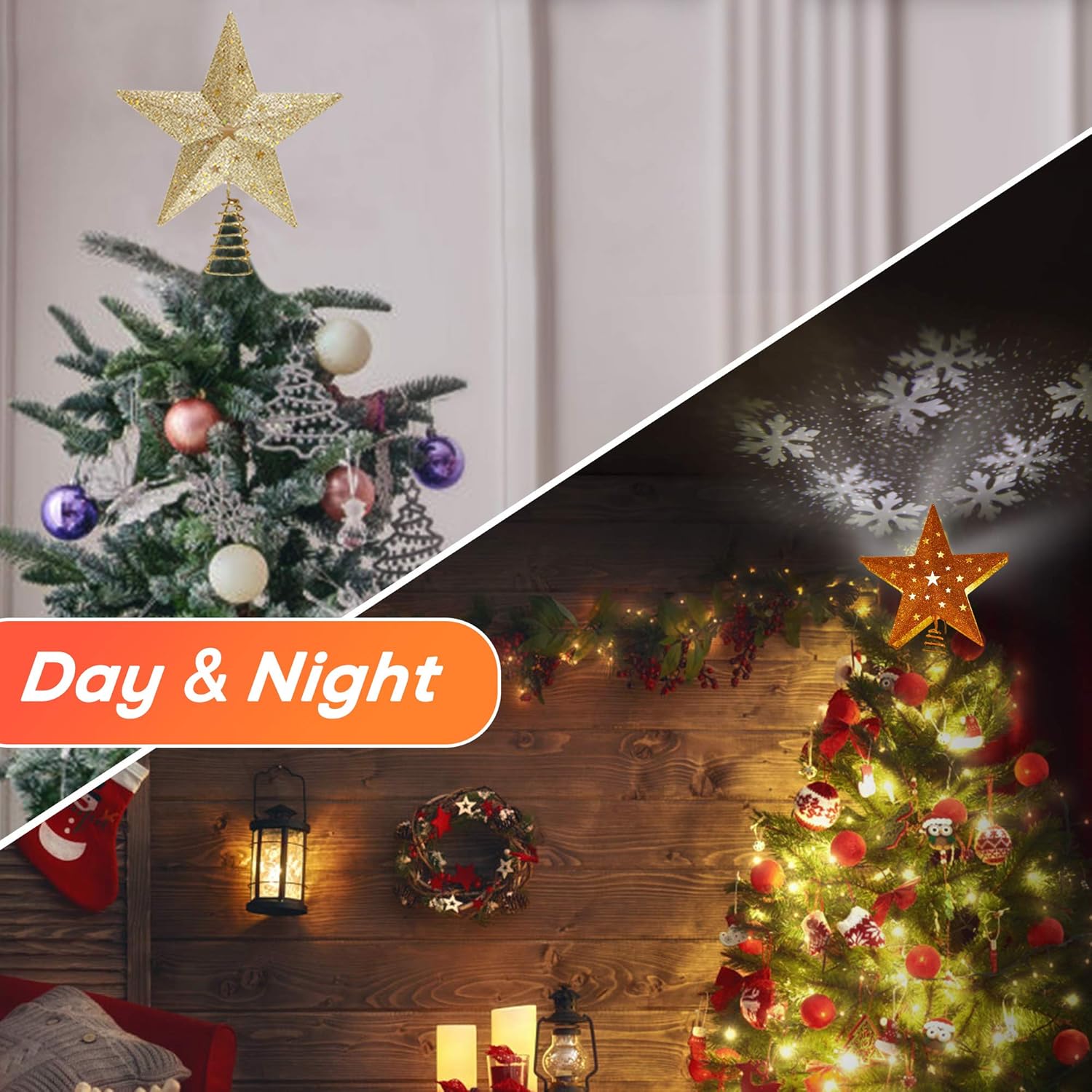 IPOW LED Snowflake Projector Star Christmas Tree Topper, 11.3'' Golden Glittered Star Treetop Lighted Rotating Snow Flake for Christmas Tree Decoration, Ideal as LED Night Light Projector for Children