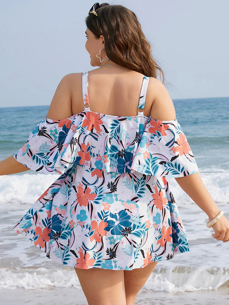 Tropical Adjustable Straps Cold Shoulder Ruffles Trim Swim Dress