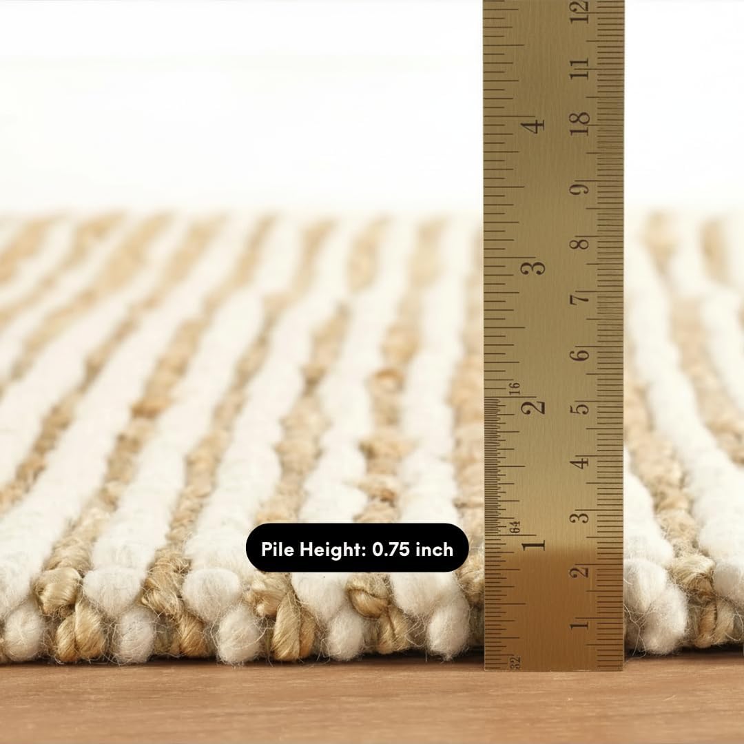 FRELISH DECOR Wool and Jute Premium Handwoven Chunky Stripes Rug - Contemporary Area Rug for Living Room Bedroom (9' x 12' - Natural Ivory)
