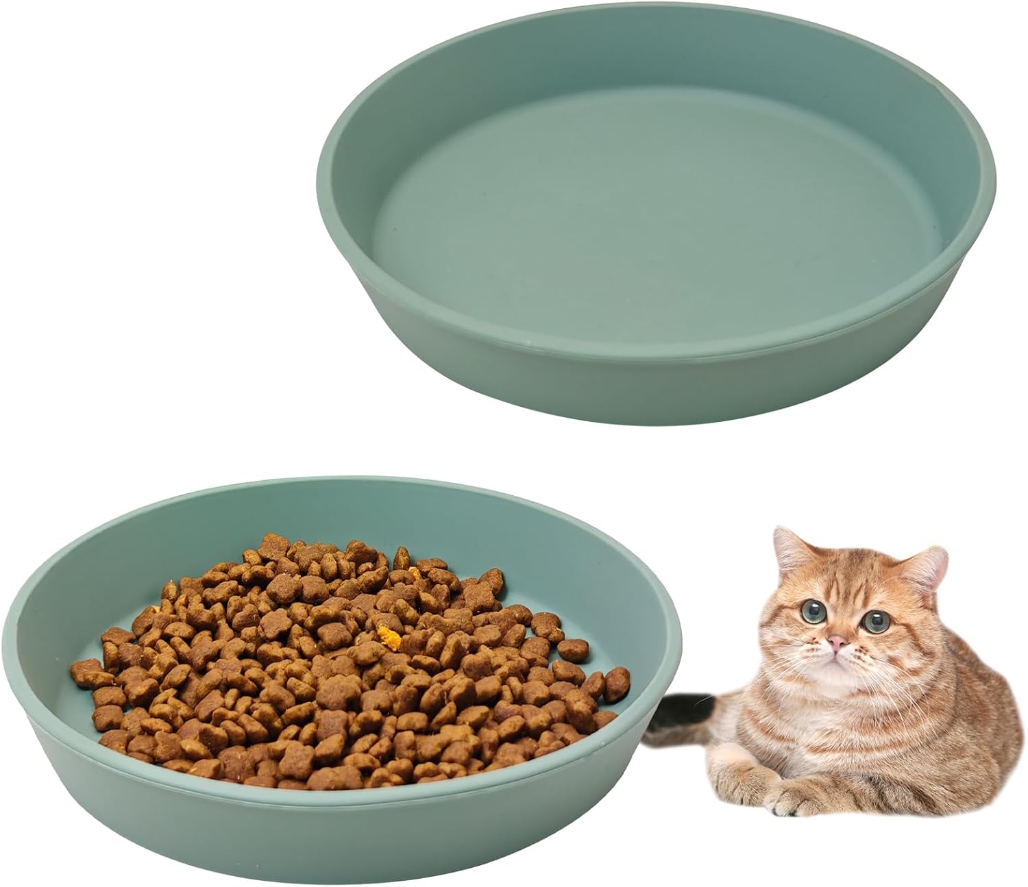BNOSDM Silicone Cat Food Plate 2 Pack Shallow Dog Bowl Flat Puppy Feeding Dish for Small Dogs and Cats Whisker Fatigue Pet Plates for Dry and Wet Food (Green)