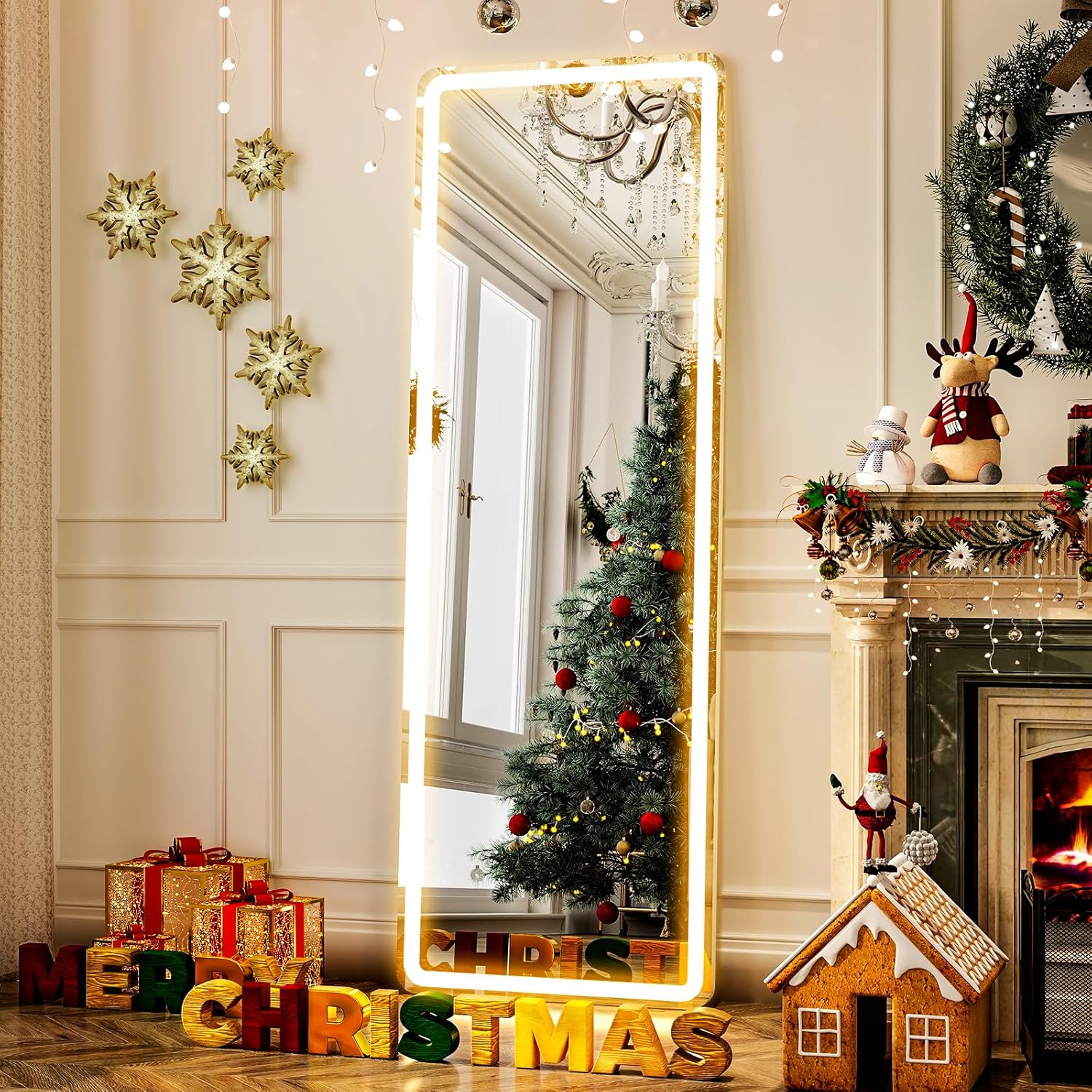 GLSLAND LED Full Length Mirror 71x32 inch Oversized Body Mirrors with Lights Wall Mounted Hanging Floor Standing Mirror for Bedroom, Living Room, Cloakroom, White