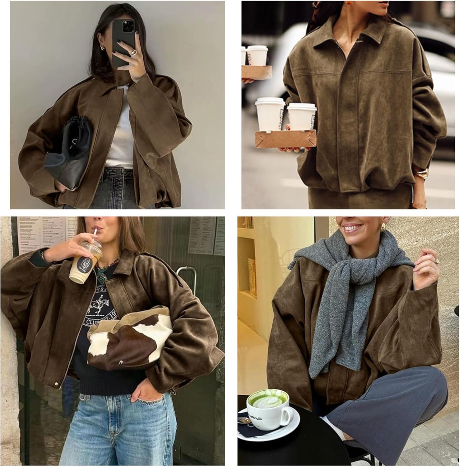Xunger Women's Faux Suede Bomber Jacket Spring Lapel Pilot Coat Casual Oversized Long Sleeves Trendy Streetwear Outerwear