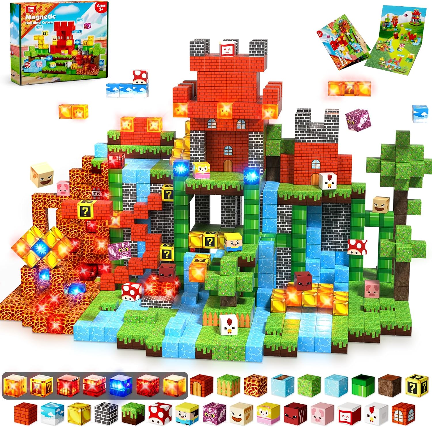 200PCS Magnetic Blocks with Light Blocks - Magnetic Blocks for Kids Ages 4 5 6 7 8, Magnetic Building Cubes, Magnetic Building Block, Christmas Birthday Gifts for 3-10 Years Old Boy Girls, STEM Toy