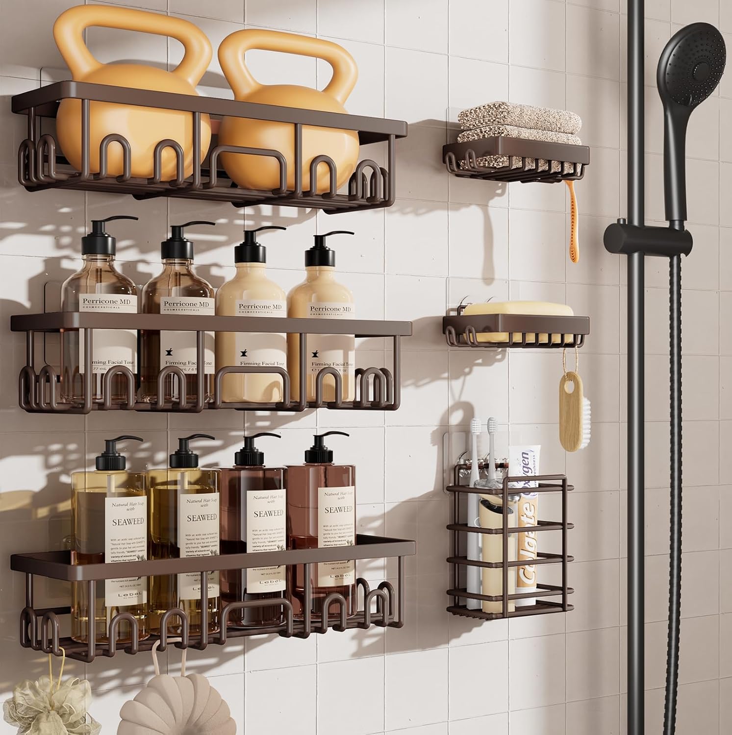 Veken Shower Caddy 6-Pack, Advanced Rustproof Design, No Drilling Adhesive Shelves, Rack with Soap Holder, Large Capacity Bathroom Organizers and Storage, Wall-Mounted Kitchen & Home Decor