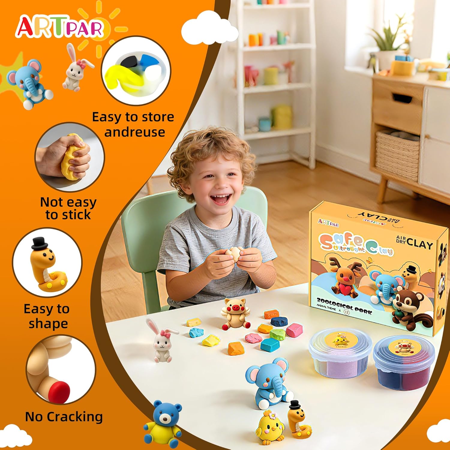Air Dry Clay Kits for Kids-Modeling Magic Clay,12 Animals DIY Molding Clay Art Crafts Set,Ultra Light & Soft, Safe & Non-Stick with Sculpting Tools & Tutorials, Unique Gifts for Boys & Girls