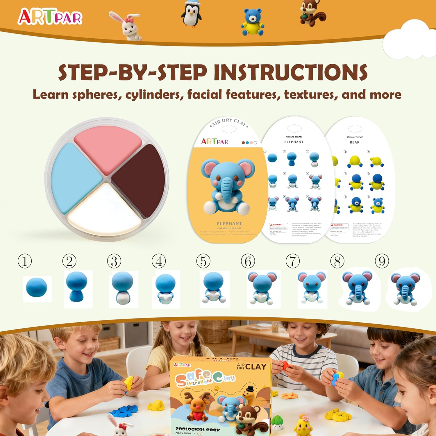 Air Dry Clay Kits for Kids-Modeling Magic Clay,12 Animals DIY Molding Clay Art Crafts Set,Ultra Light & Soft, Safe & Non-Stick with Sculpting Tools & Tutorials, Unique Gifts for Boys & Girls