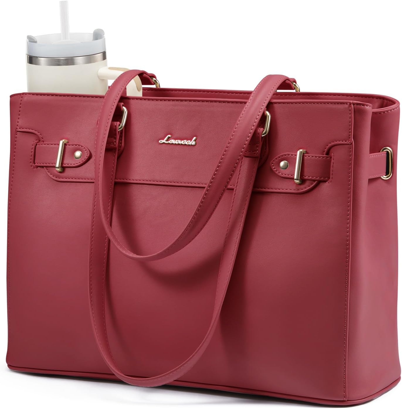 LOVEVOOK Laptop Tote Bag for Women Work, Teacher Tote Bag with Large Cup Holder, 15.6 Inch Waterproof Leather Computer Bag