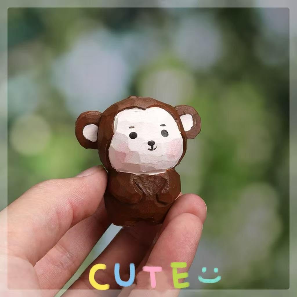 Small Wooden Monkey Figurines Craft, 1.6’’H Hand-Carved Painted Monkey Figurine with Base, Cute Desktop Decor, Wooden Animal Statue Home Decor, Gift for Animal Lovers