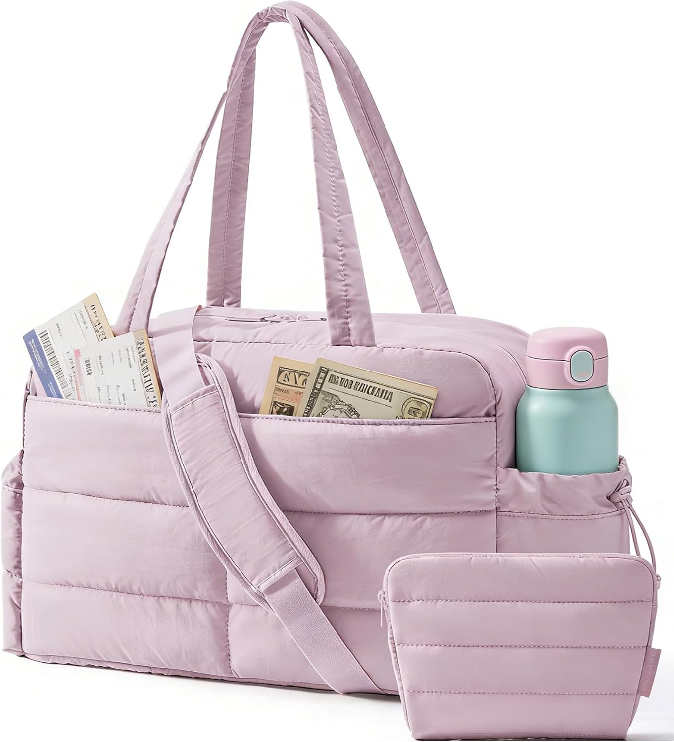 BAGSMART Gym Bag for Women, Lightweight Puffer Duffle Bag 2-PC Travel Bag, 31L Weekender Overnight Bag Quilted Carry On Tote Bag, Diaper Hospital Dance bag for Travel, Gym, Water Resistant, Pink