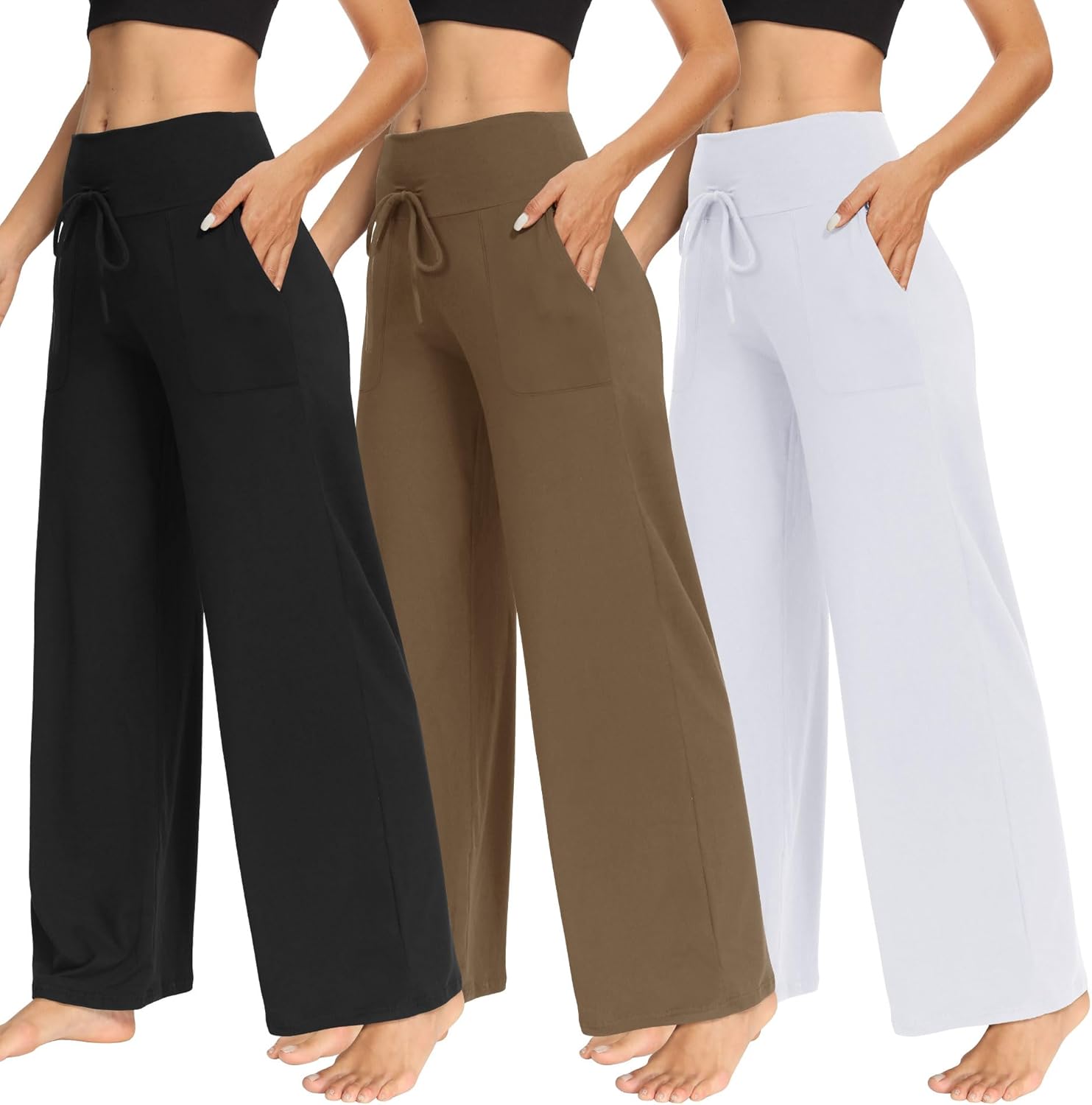 TNNZEET 3 Pack Women's Wide Leg Pants with Pockets - Casual Loose Yoga Trouser Pants Sweatpants Palazzo Lounge Pajama Pants