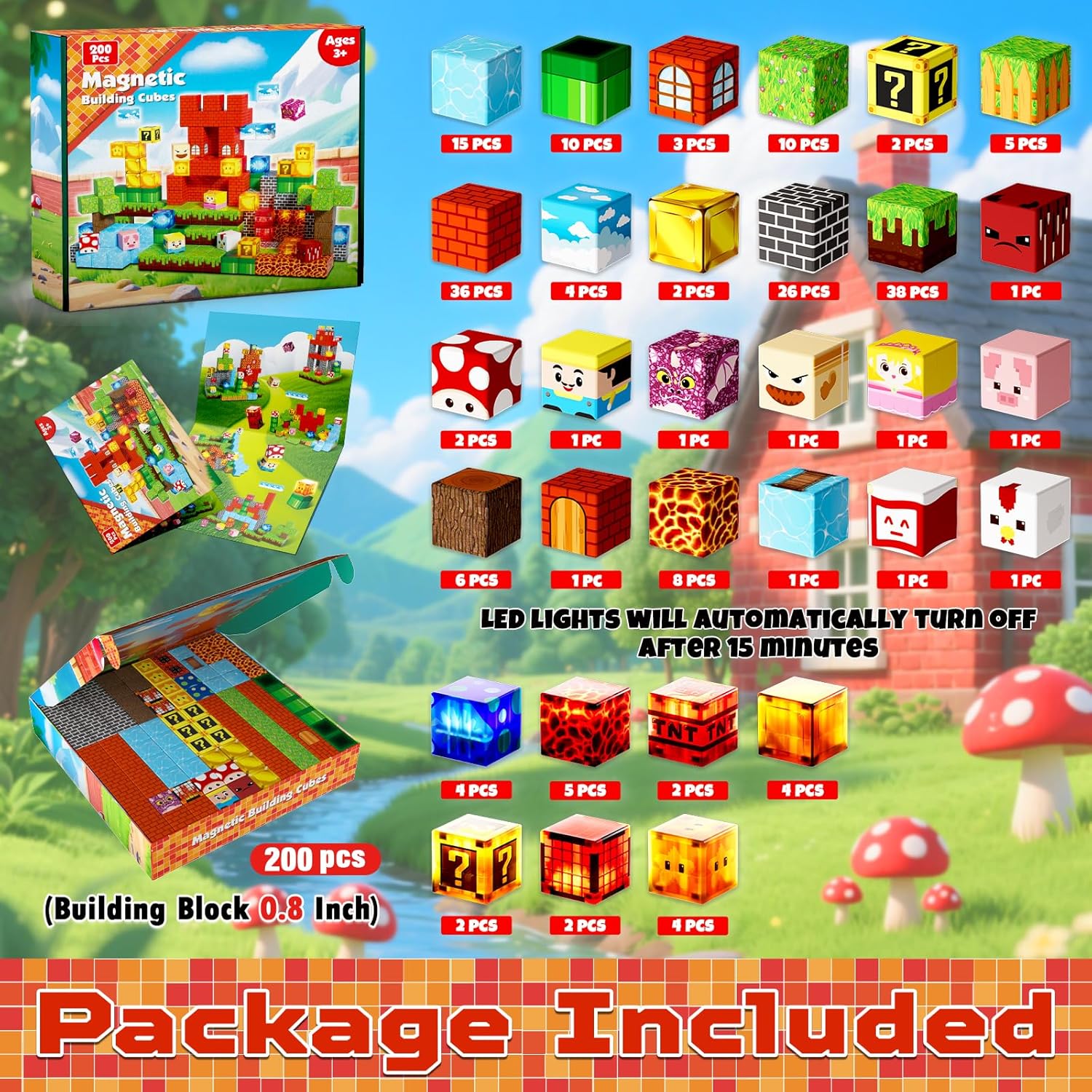 200PCS Magnetic Blocks with Light Blocks - Magnetic Blocks for Kids Ages 4 5 6 7 8, Magnetic Building Cubes, Magnetic Building Block, Christmas Birthday Gifts for 3-10 Years Old Boy Girls, STEM Toy