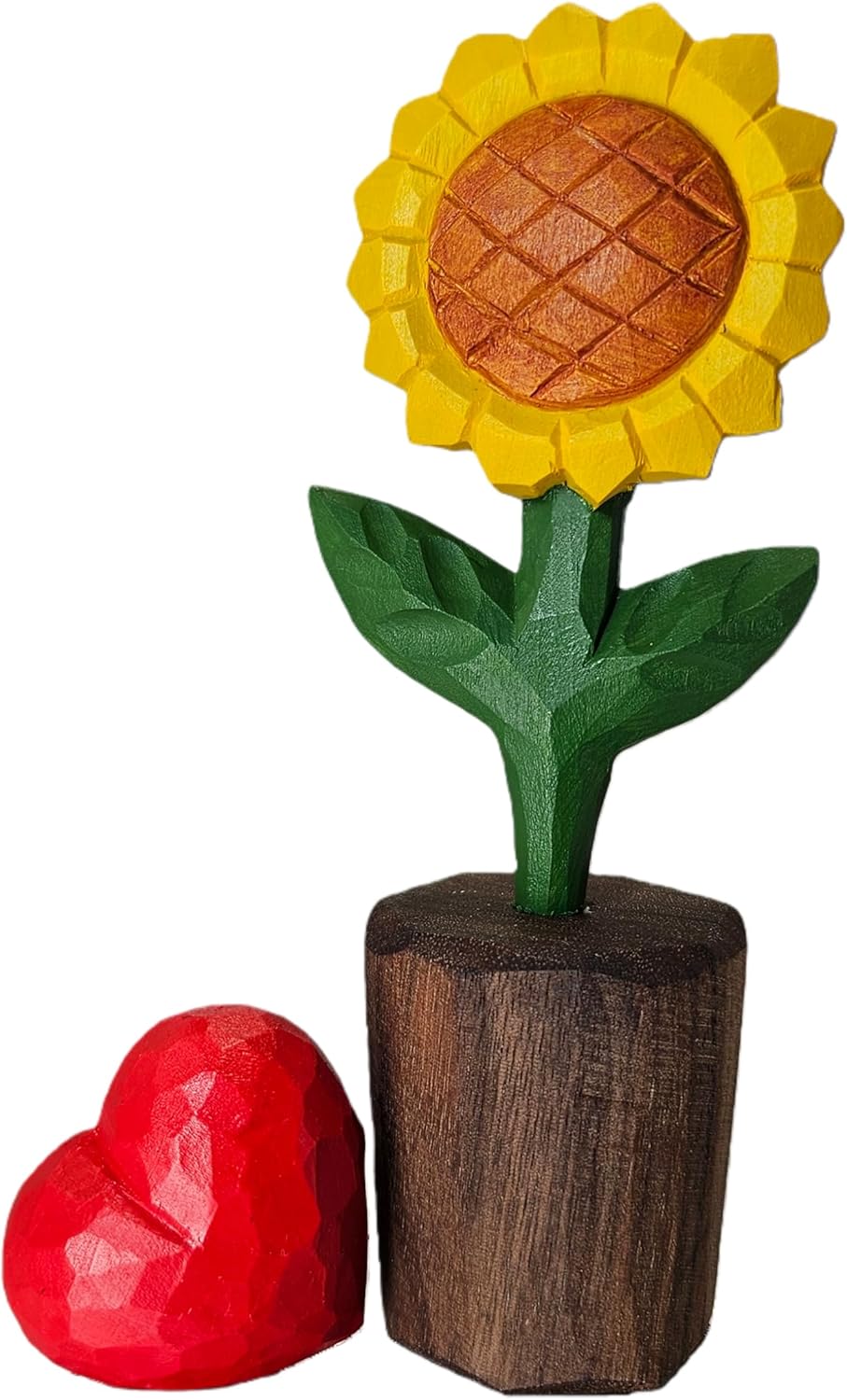 Hand-Carved Wooden Flower with Red Heart - Handcrafted Everlasting Wood Sculpture - 5th Anniversary, Valentine's Day, Birthday Gift for Her - Gift Box Included (White Daisy)