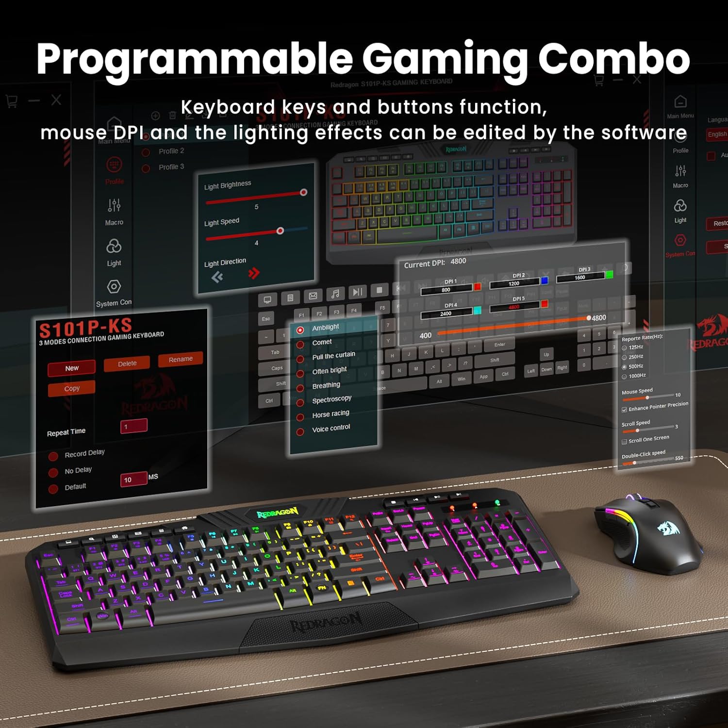 Redragon S101M-KS Gaming Keyboard and Mouse Wireless with Tri-Mode, RGB Keyboard and 4800 DPI Gaming Mouse, 10 Independent Multimedia Keys for Wins, PC, Computer, Wireless S101 Ideal for Gamer