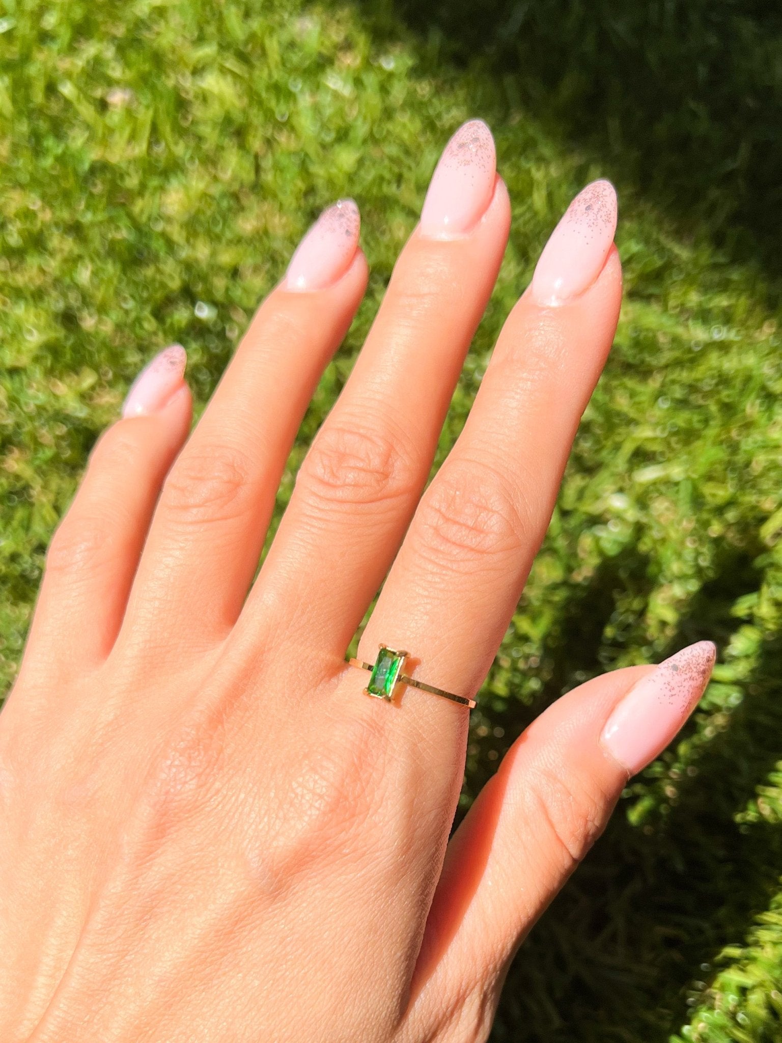 Green Rectangle Gem Gold Ring