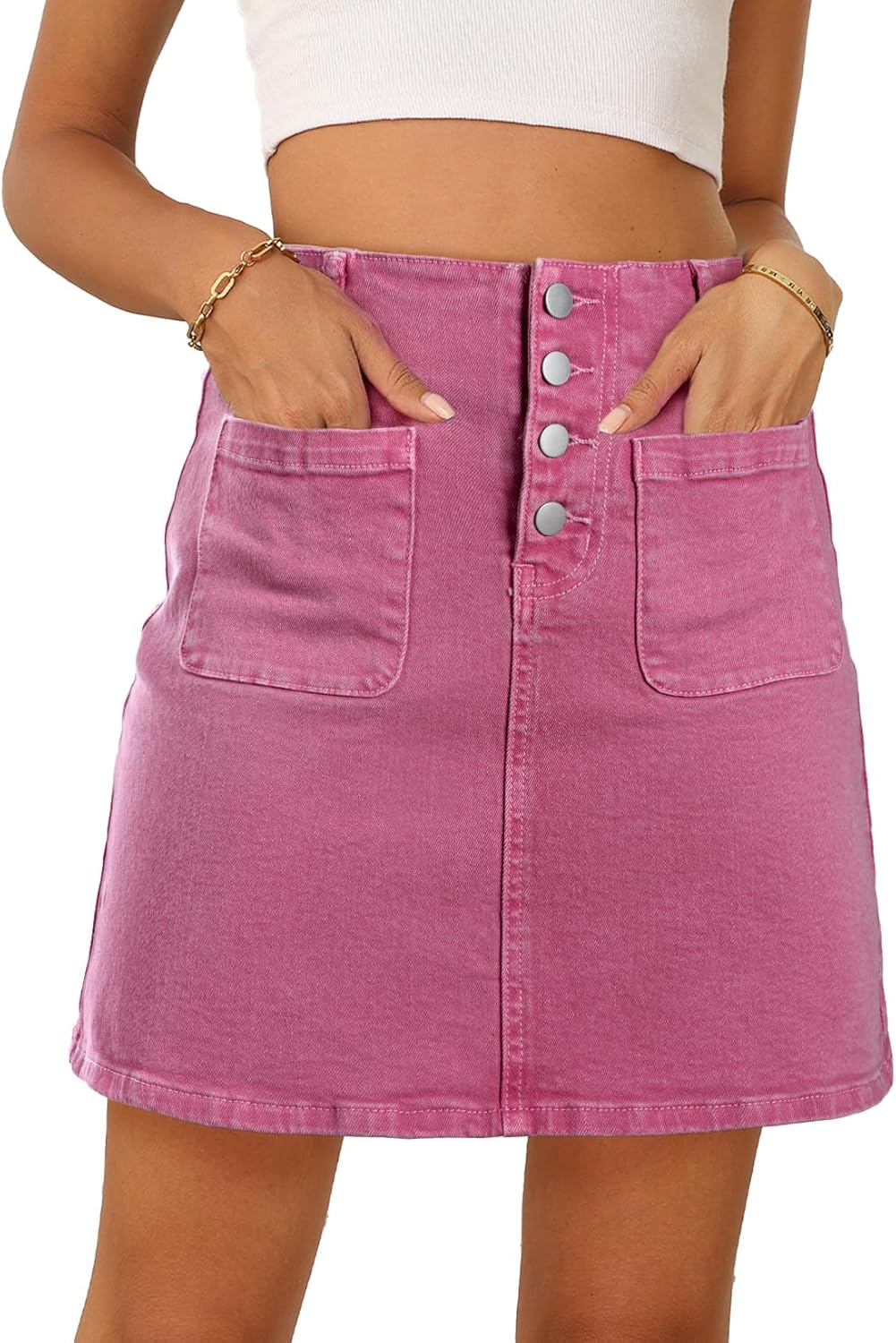 Sidefeel Women's Jean Skirt High Waist Summer Stretch Zimbaplatinum Denim Skirt Button Knee Length Skirt with Pockets