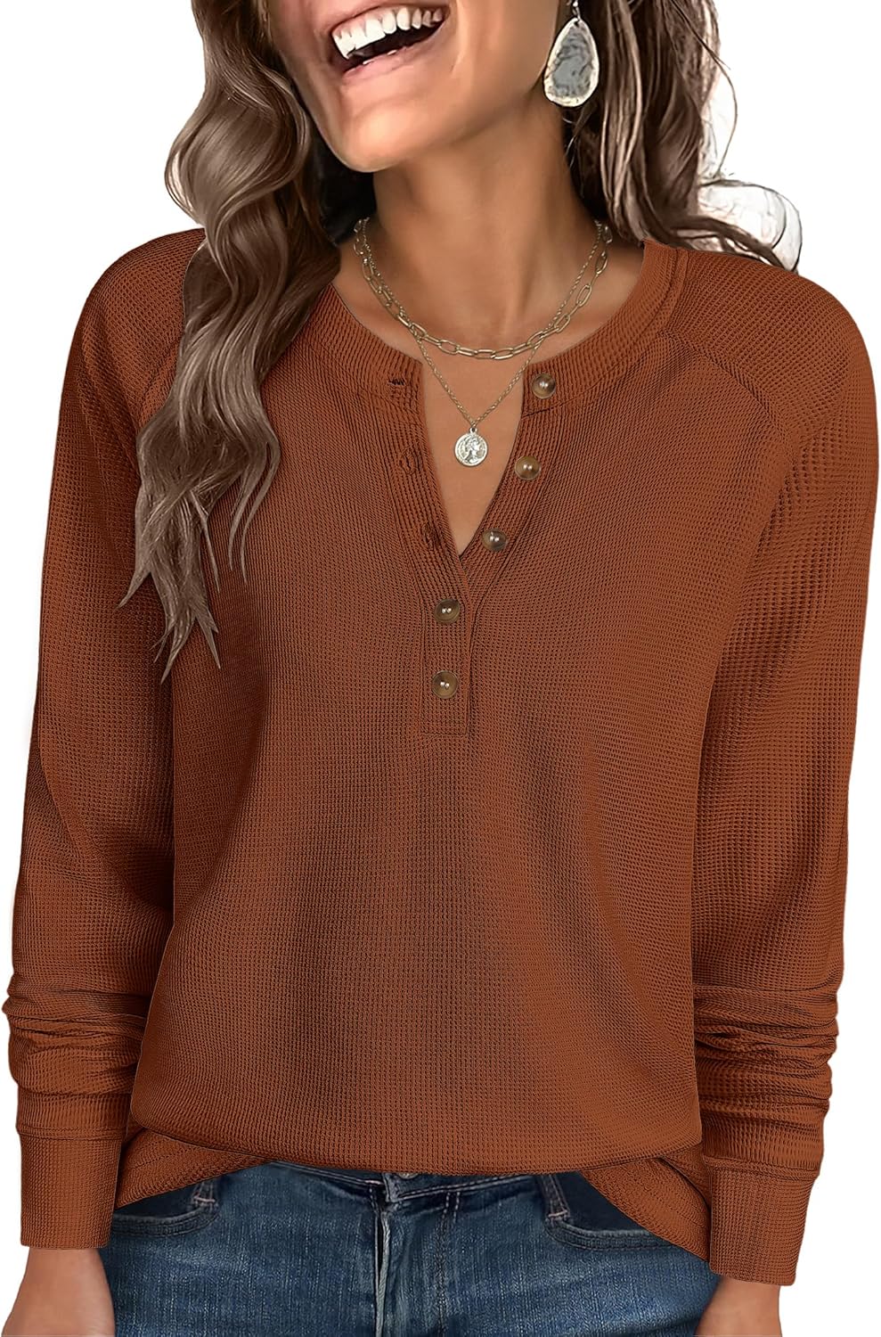 ANRABESS Women's Long Sleeve Waffle Knit Shirts Dressy Casual Loose Button Up V Neck Henley Tops 2026 Fall Basic Tee Blouse