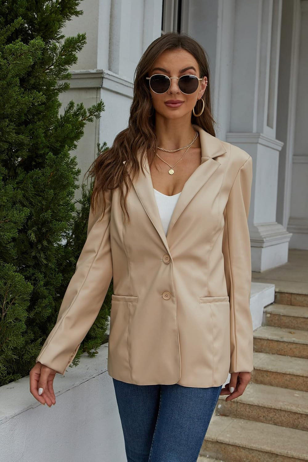 RISISSIDA Women Faux Leather Blazer Jacket,Spring Fall Vegan Pleather Soft Casual Lapel Button Down Coat