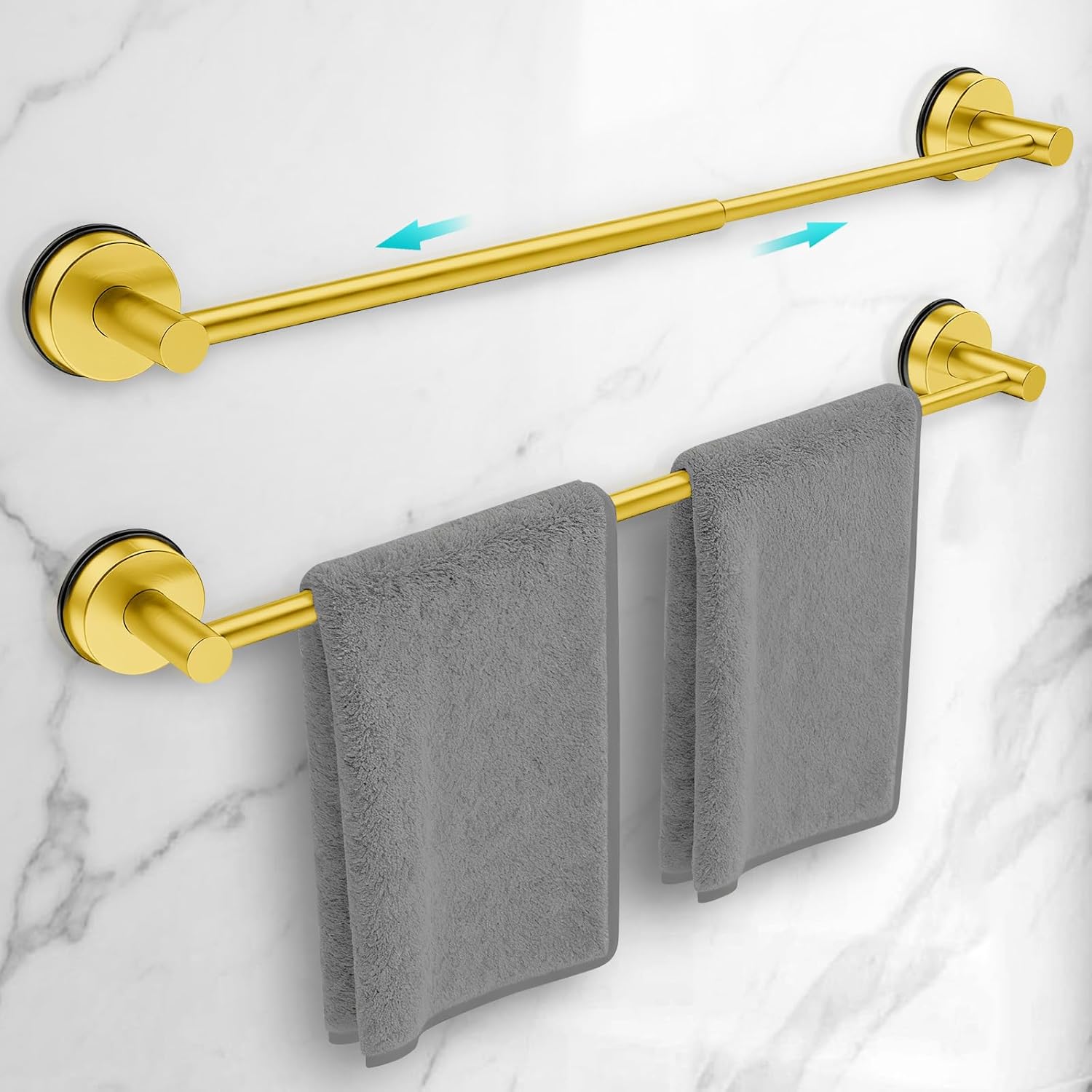 Adjustable Suction Cup Towel Bar for Bathroom Wall,14.6Inch~24 Inch Towel Racks for Bathroom,Stainless Steel Bath Towel Holder for Shower(Matte Black)