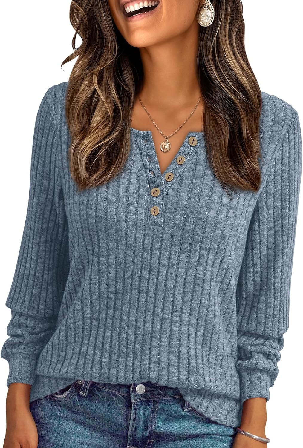 AUTOMET Long Sleeve Henley Shirts Women's Business Casual Lightweight Tunic Sweater Tops