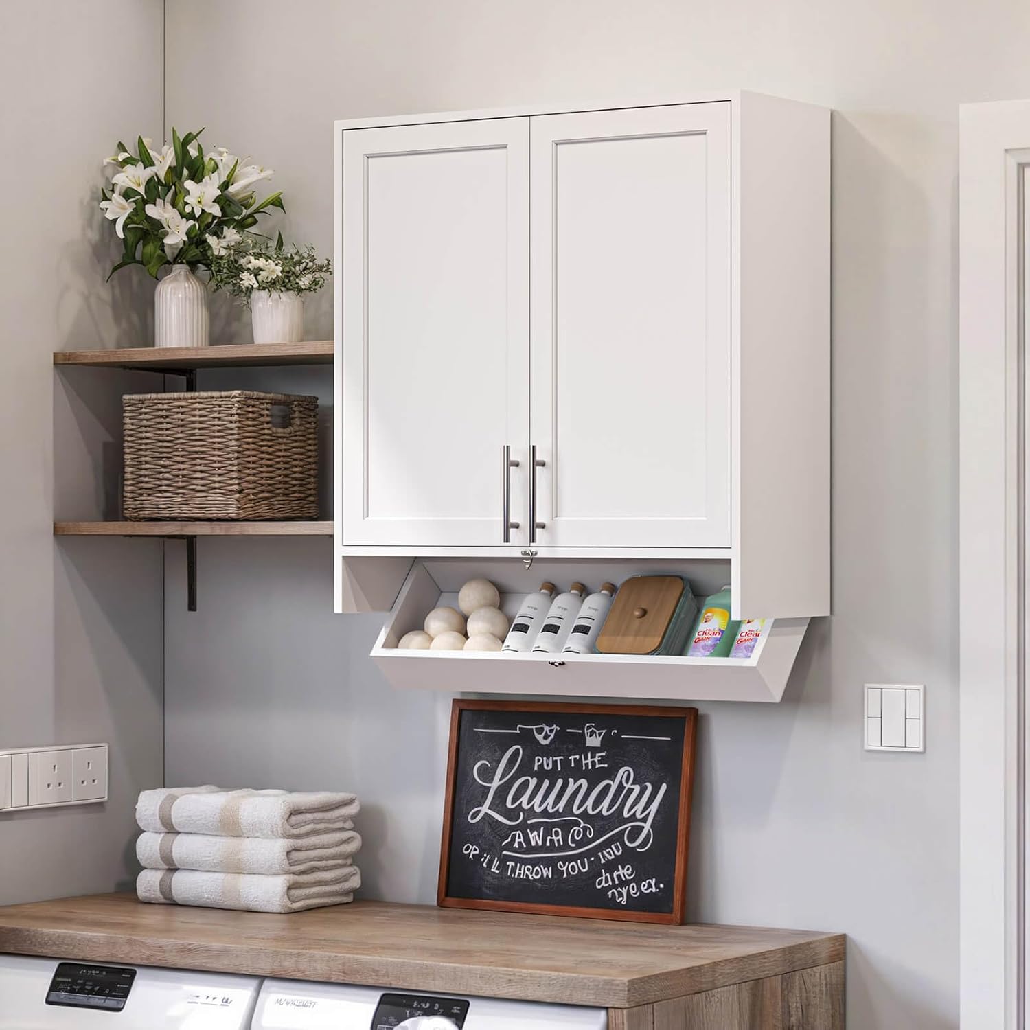 59’’W Laundry Room Cabinets Wall Mounted,Kitchen Wall Cabinet with Flip-Bottom Drawer for Spice, Adjustable Shelf, Shaker Wall Cabinets for Laundry Room, Kitchen, Bathroom, White